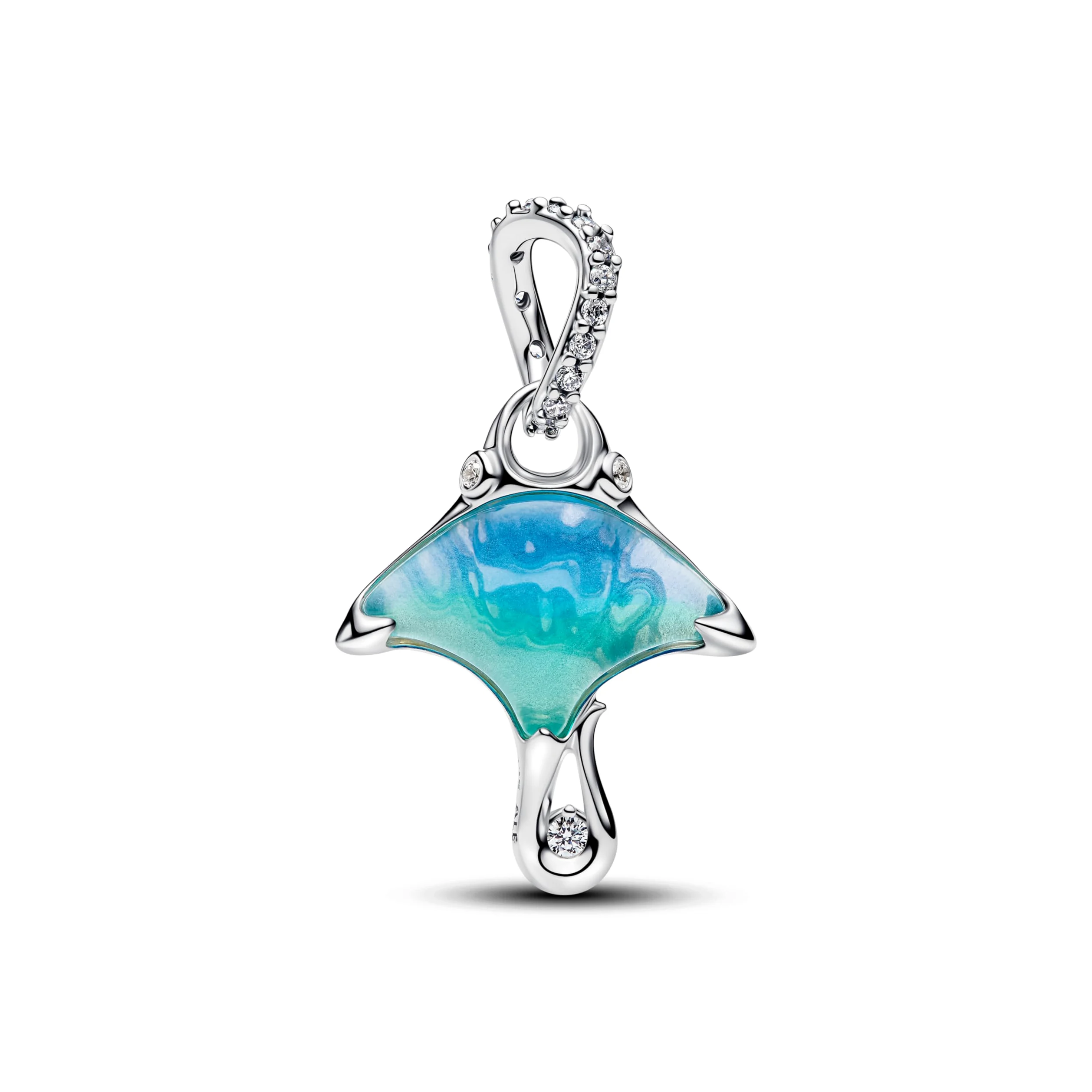 Manta Sterling Silver Dangle with Clear Cubic Zirconia, White bioresin Man-Made Mother of Pearl, Enamel and Shaded Blue Murano g