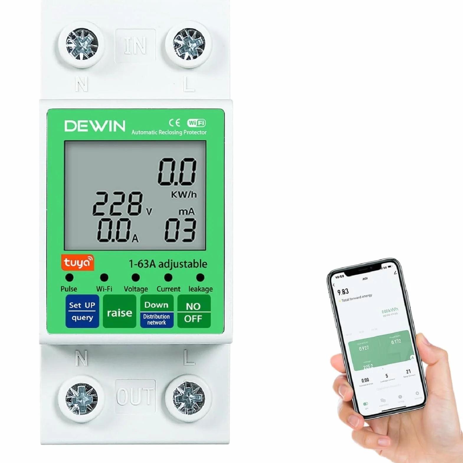 DEWIN inteligentny miernik, inteligentny miernik energii WiFi, licznik elektryczny, wyłącznik czasowy, wyłącznik z ochroną przed przepięciem i przepięciem 2P 63A AC 80-300V