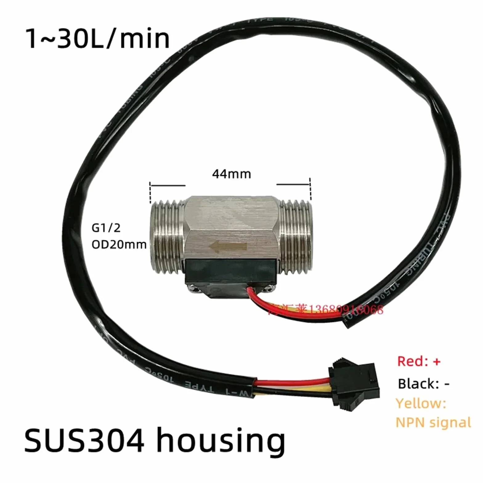 Cyfrowy przepływomierz G1/2" 1~30L/Min Efekt Halla Czujnik przepływu wody ze stali nierdzewnej Miernik NPN Impuls DN15 Przepływ wody turbiny Przepływomierz turbinowy (Color : 5-24Vdc, Size : 1)