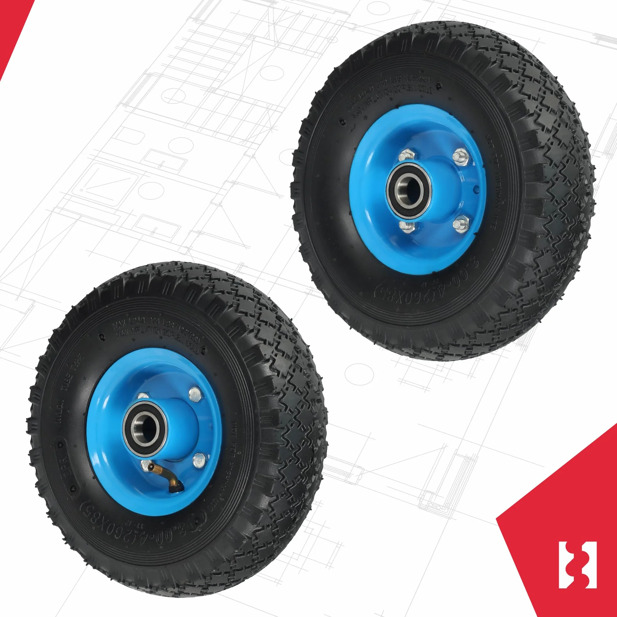 KOTARBAU® Zestaw 2 kół do wózka transportowego, koła do wózka transportowego z pełnymi oponami gumowymi 260 x 85 mm 3.00-4, wzmocnione, 4PR, koła kompletne, opony do wózka transportowego, koła