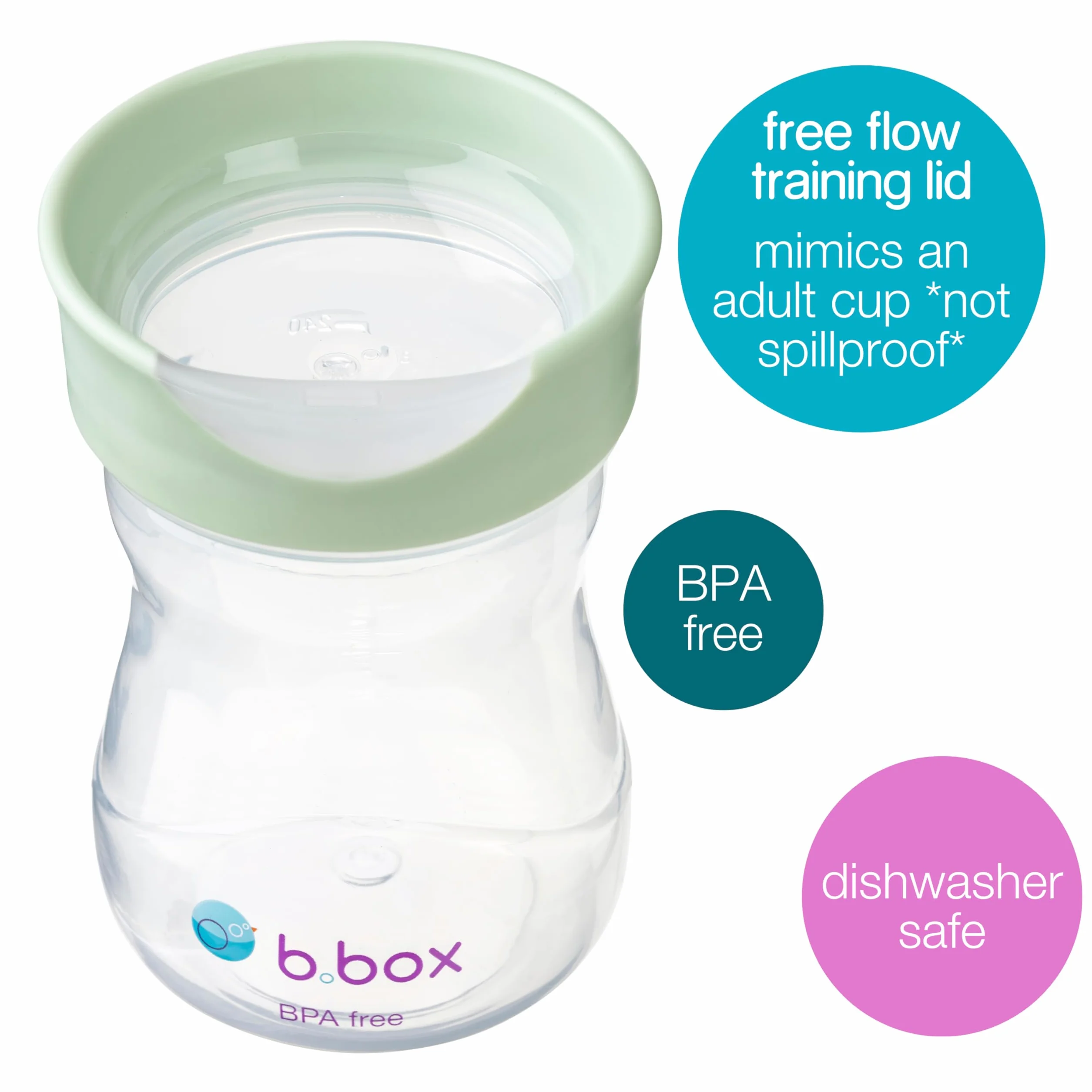 b.box Kubek do nauki picia, otwór Free-Flow, przejście od kubka z dziobem do kubka dla dzieci – nie zawiera BPA, do mycia w zmywarce, od 12 m, 240 ml (szałwia)