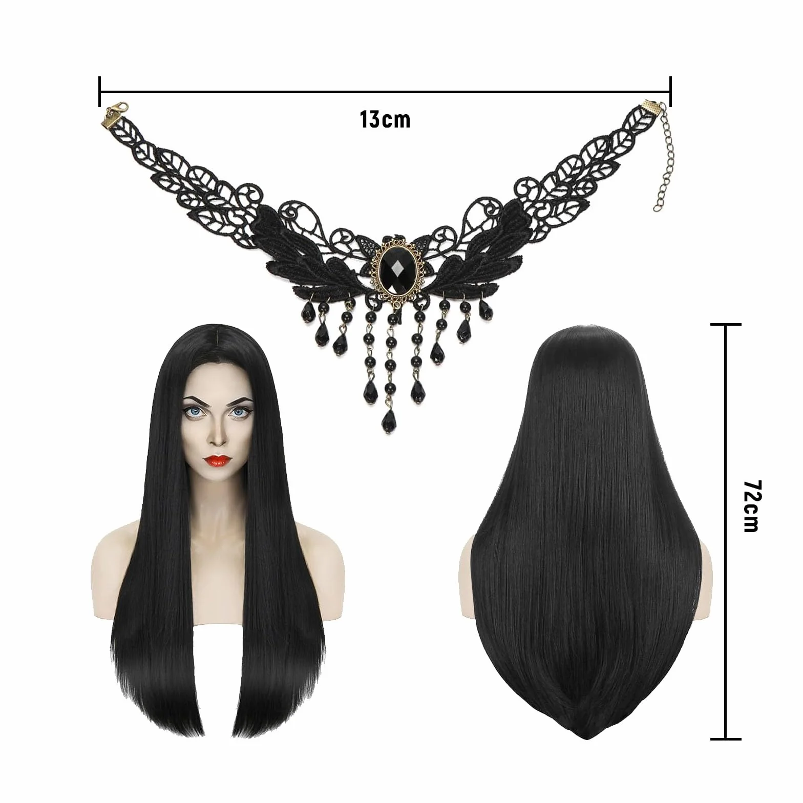 Peruka czarna kostium czarownicy dla kobiet z akcesoriami, kostium Morticia Addams na Cosplay, Halloween, karnawał i imprezy tematyczne