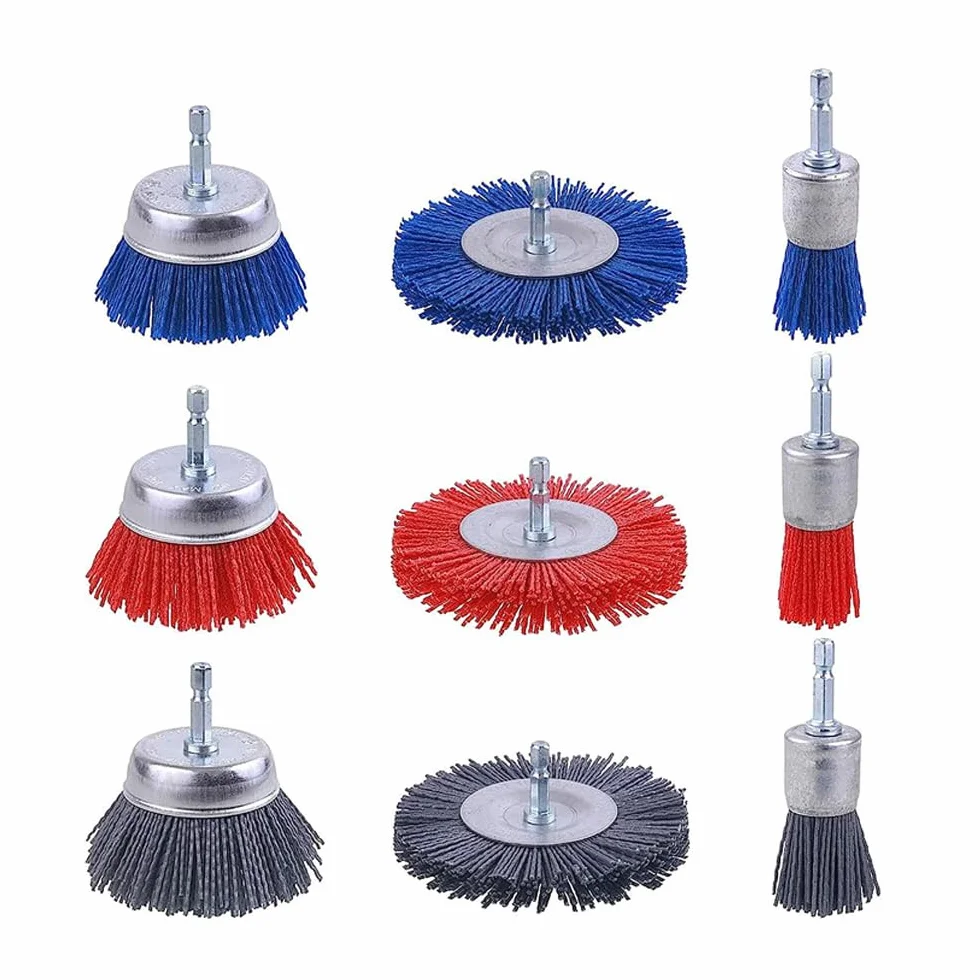 9 sztuk nylonowych szczotek z sześciokątnym trzonkiem 1/4", szczotka nylonowa, zestaw wierteł, szczotki do garnków, szczotka szlifierska do usuwania rdzy, korozji/farby (Ø 25 mm/ø 75 mm)