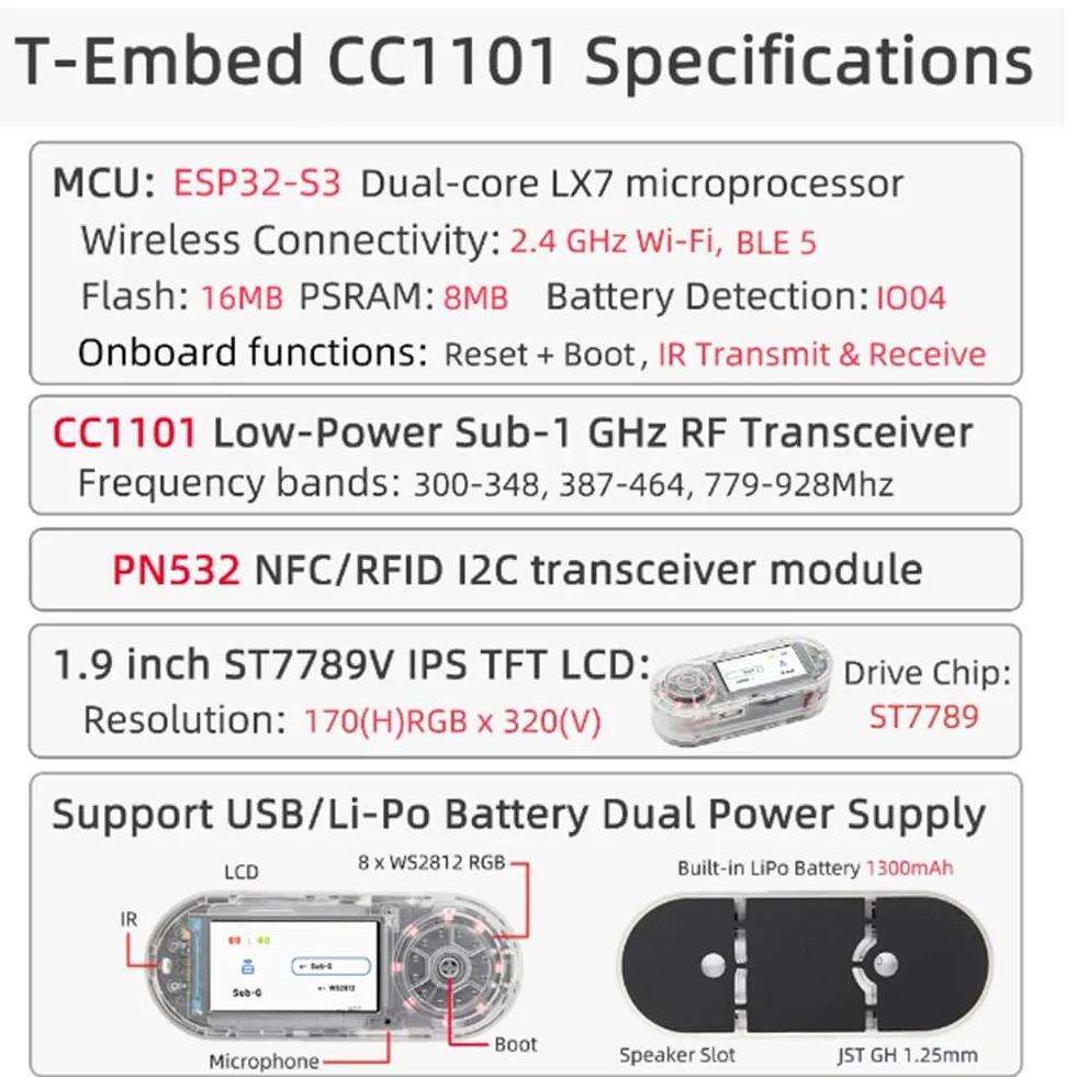 T-Embed ESP32-S3 CC1101 Low-Power Sub-1 GHz Transceiver PN532 NFC RFID I2C moduł płytka LCD wbudowana 1300 mAh