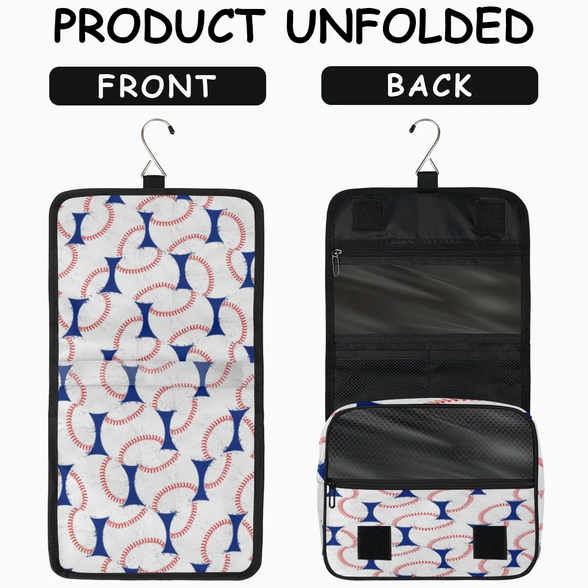 Baseballowy wzór podróżna kosmetyczka bejsbolówka design torba do mycia uniseks wiszące przybory toaletowe organizer na kosmetyki kosmetyki, wielobarwny, Jeden rozmiar