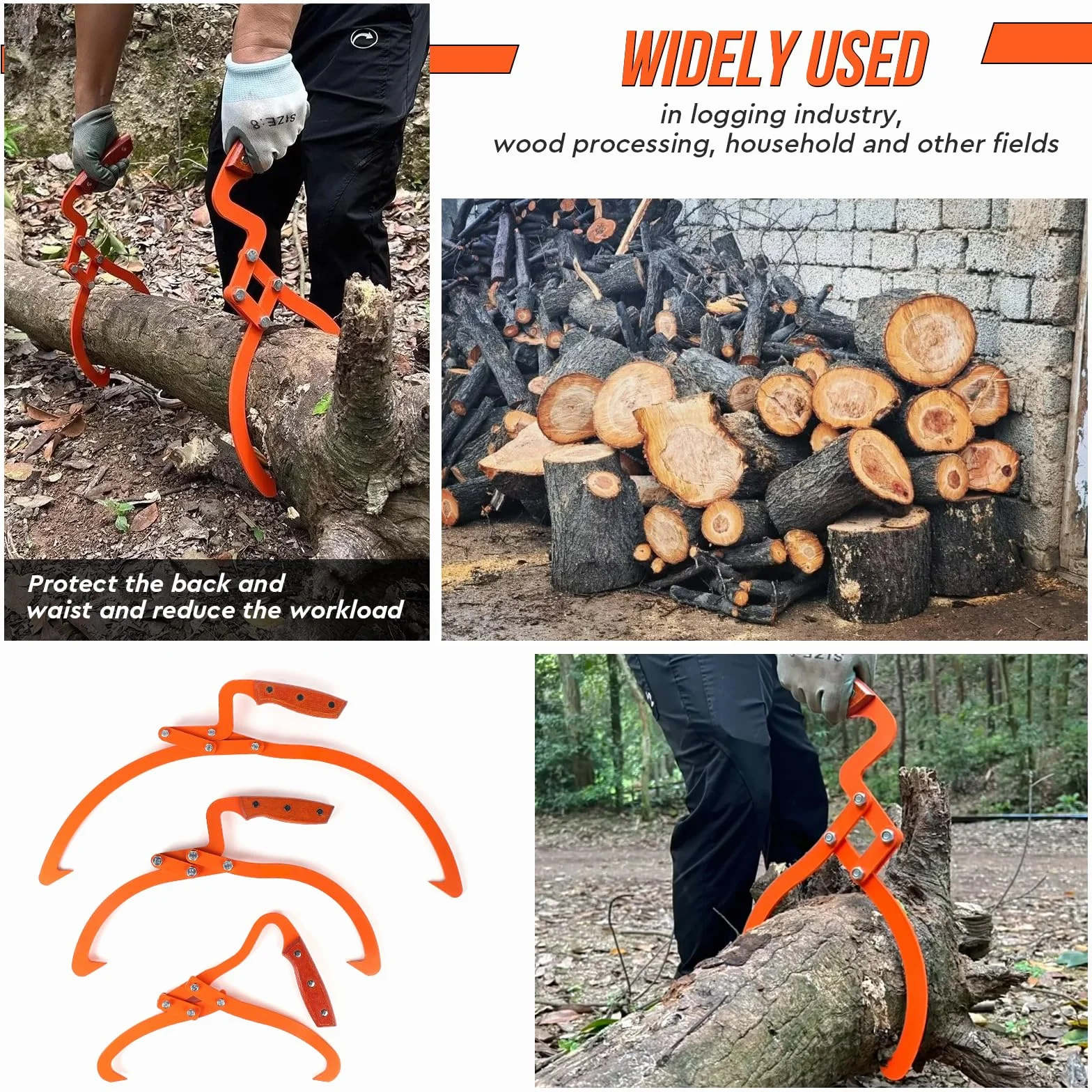 SWAWIS Ręczne szczypce do pni drzew do 33 cm (13 cali), szczypce leśne ze stali, szczypce do drewna o sile ciągnącej 600 kg, chwytak do drewna z antypoślizgowym uchwytem do prac leśnych (pomarańczowe)