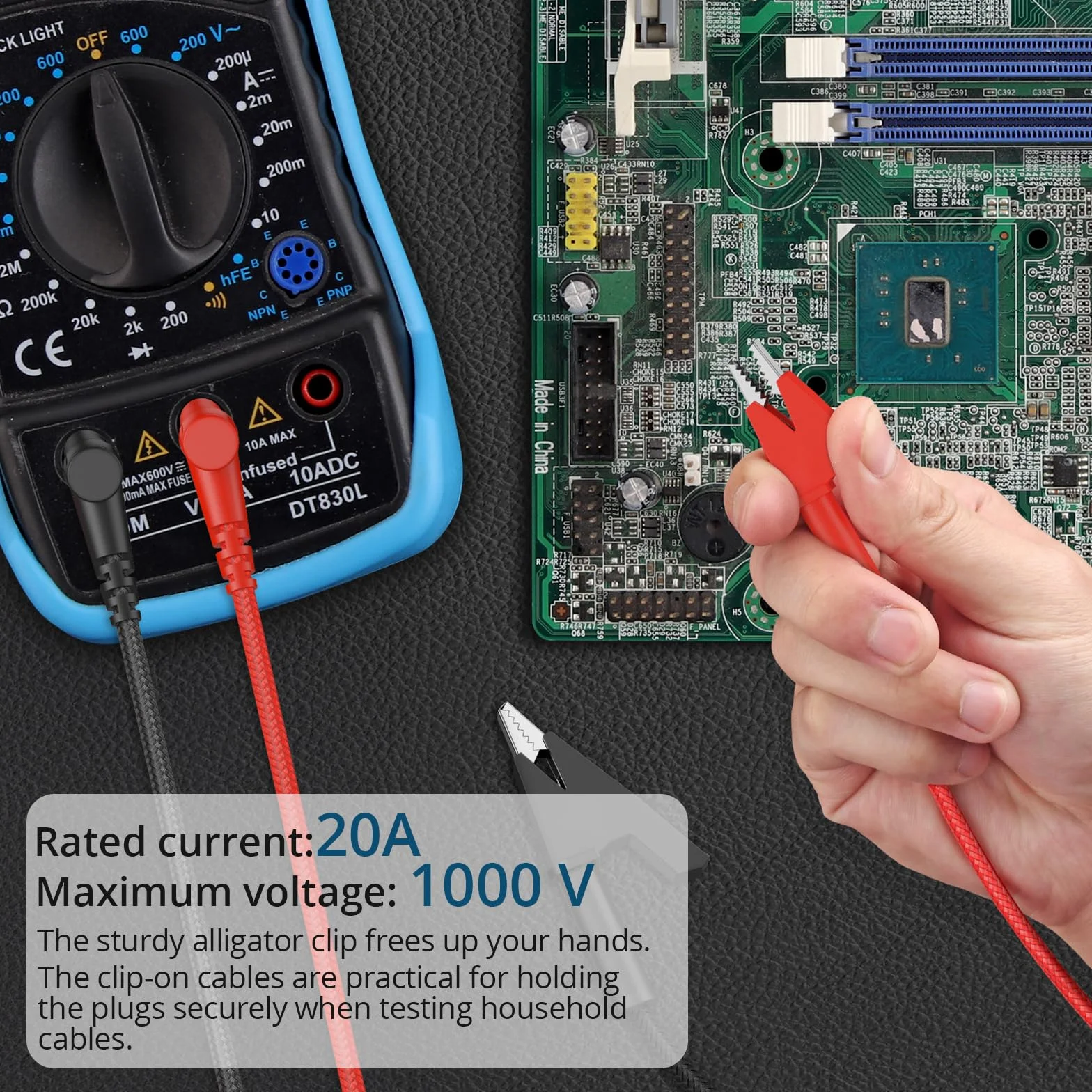 Kabel kontrolny z wtyczką bananową i zaciskiem krokodylkowym, 120 cm, 20 A/1000 V, do multimetru, zasilaczy i testów elektronicznych, izolowany, wytrzymały, czerwono-czarny – idealny do