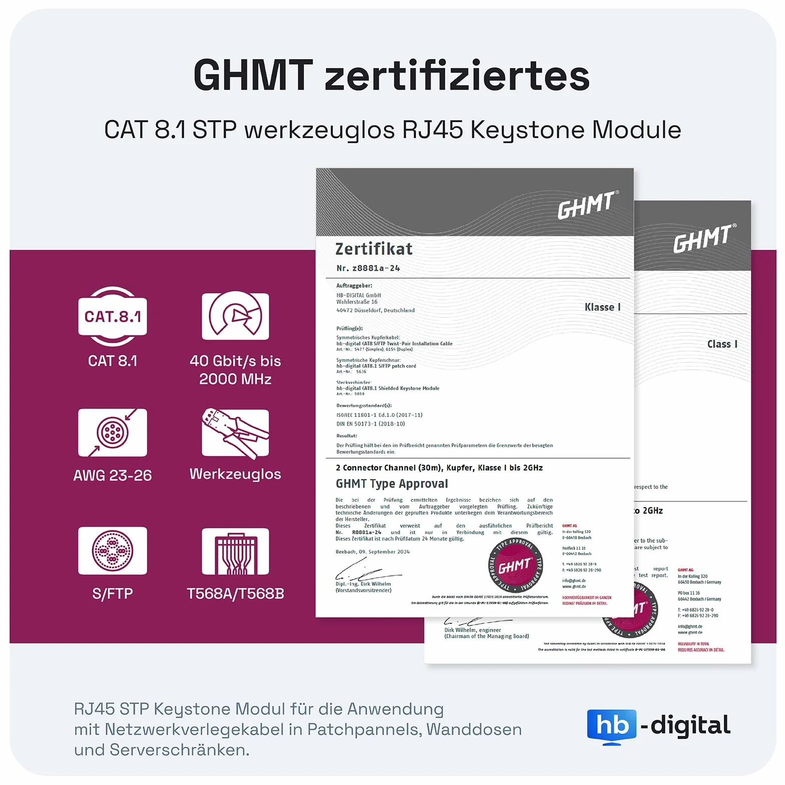 HB-DIGITAL Zestaw: 8-portowy panel krosowy obudowa do modułów Keystone + 8 x Cat.8 Keystone RJ45 gniazdo Jack do instalacji sieciowej kompatybilne z kablem instalacyjnym LAN Ethernet | jasnoszary