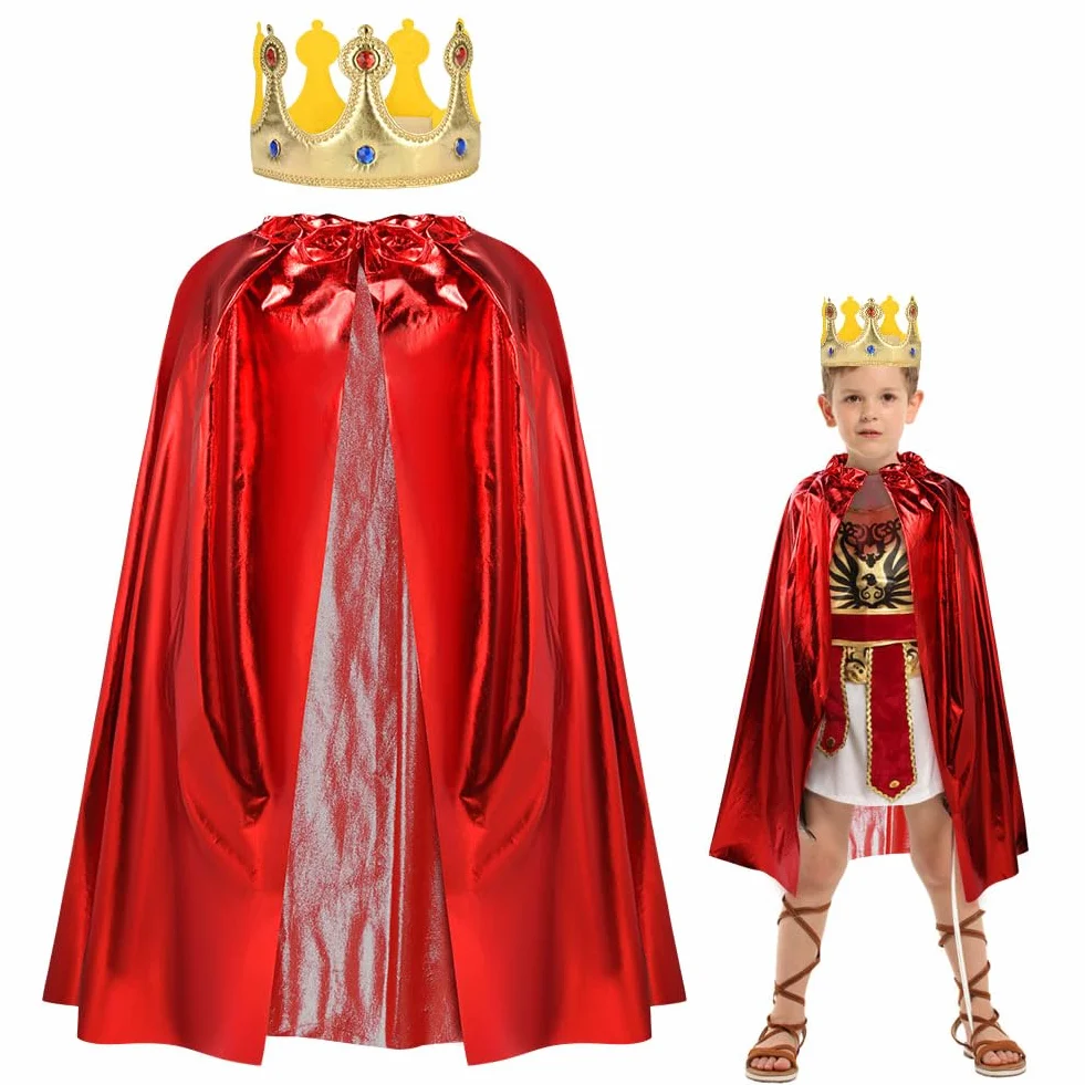 AOOWU Średniowieczna peleryna z kapturem, kostium króla dla dorosłych, kostium króla i królowej, na Halloween, Boże Narodzenie, karnawał, czerwona peleryna