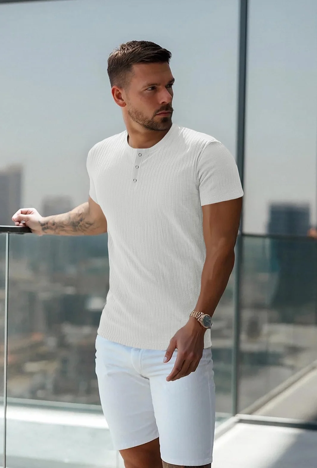 Muscle Cmdr Męska koszulka z długim rękawem/krótkim rękawem, T-shirty mięśniowe Slim Fit Bawełna,Koszula z długim rękawem Henley