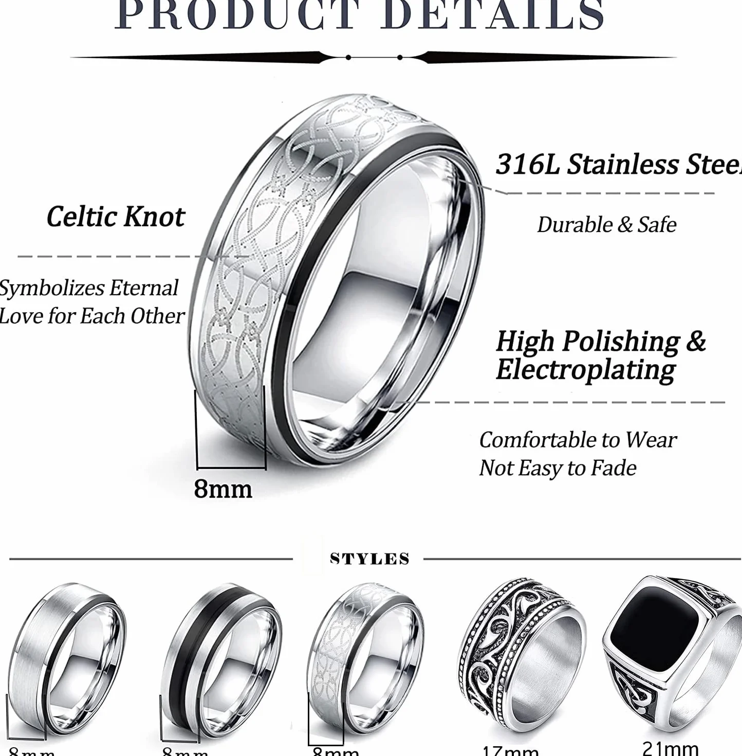 JeweBella 7-częściowy Sygnet męski ze stali nierdzewnej matowy srebrny polerowany Celtycki węzeł Vintage Biker Ring Duży klasyczny czarny męski zestaw Gothic Grawerowanie Sygnet dla mężczyzn