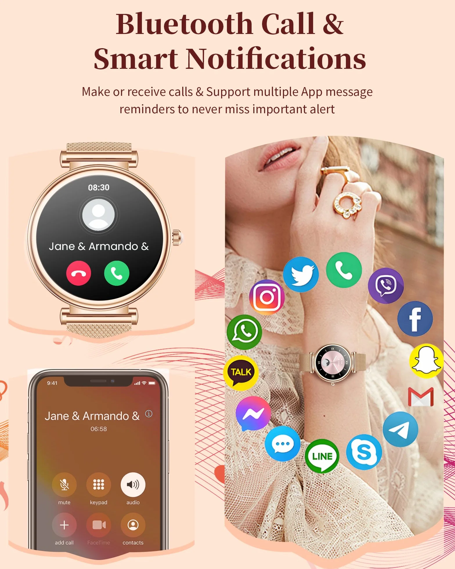 Smartwatch dla kobiet Fitness Tracker wodoodporny IP68 1,3-calowy HD ekran dotykowy z pulsometrem pomiarem ciśnienia krwi