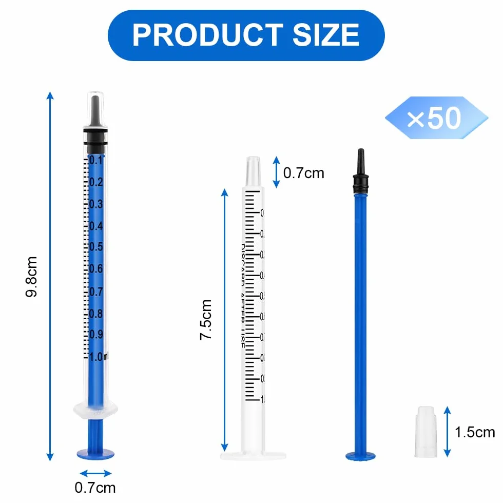 OFFCUP Strzykawki z tworzywa sztucznego, 50 sztuk 1 ml, jednorazowe strzykawki z nasadkami, plastikowa tubka do karmienia małych zwierząt domowych, olej silnikowy lub płyn hamulcowy [zastosowanie