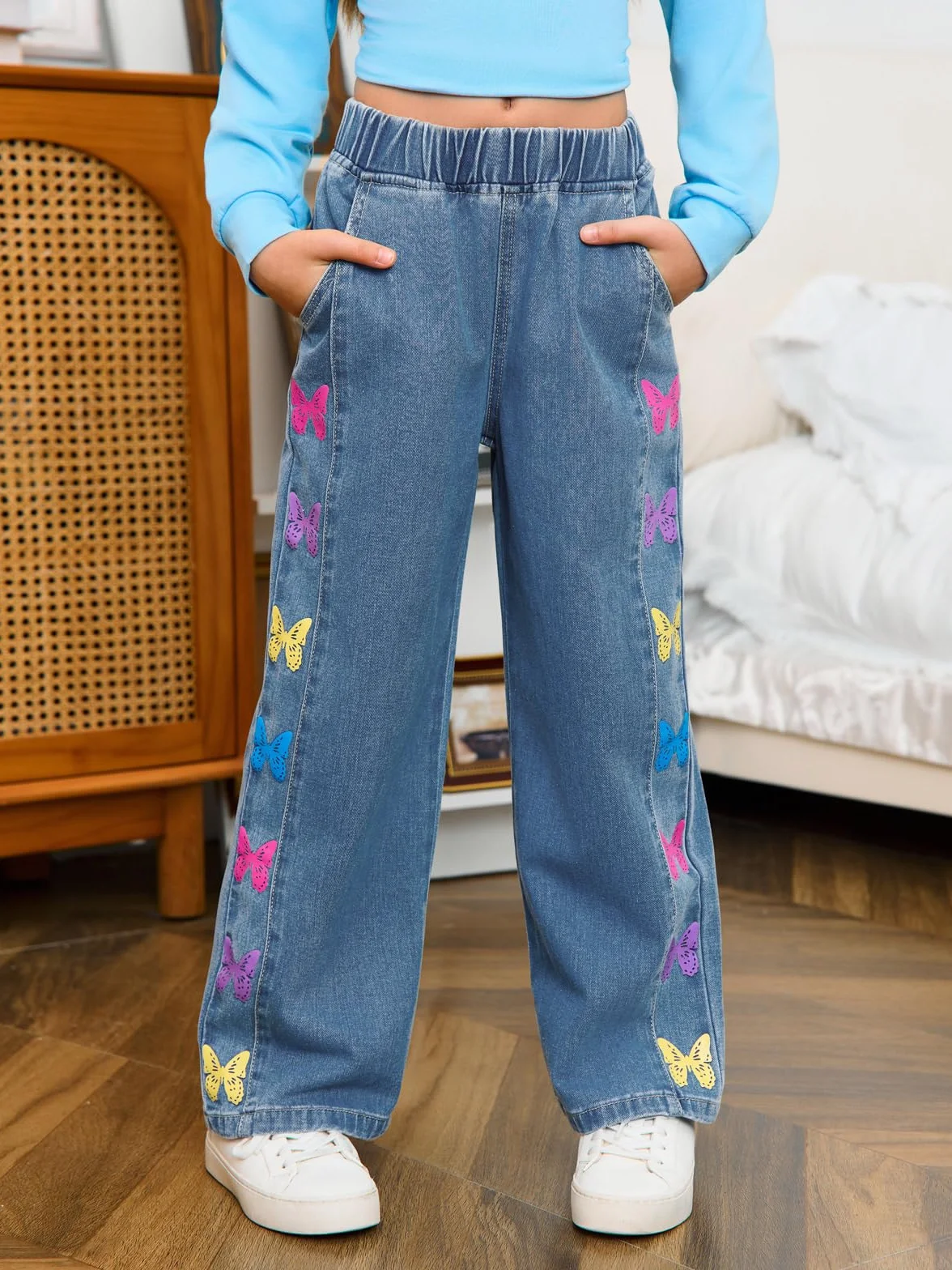 Dżinsy dziewczęce z nadrukiem motyla szerokie nogawki elastyczne streetwear z kieszeniami
