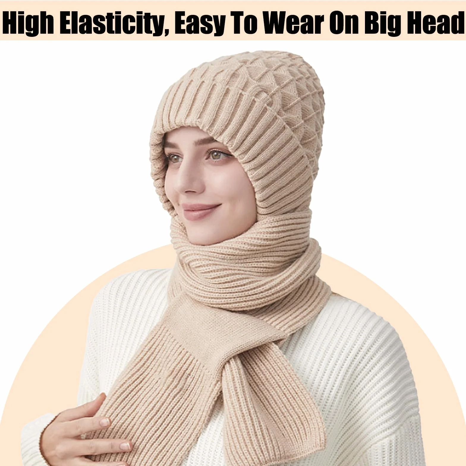 Zimowe rękawiczki damskie z czapką i szalikiem, dzianinowa czapka typu beanie pętla, elastyczna czapka z szalikiem dla kobiet, zimowa ciepła dzianinowa czapka, ciepła pluszowa podszewka