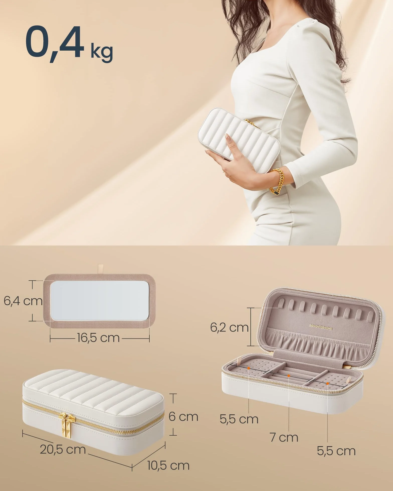 SONGMICS HOME ANAH podróżna szkatułka na biżuterię z lusterkiem 10,5 x 20,5 x 6 cm zapięcie na suwak