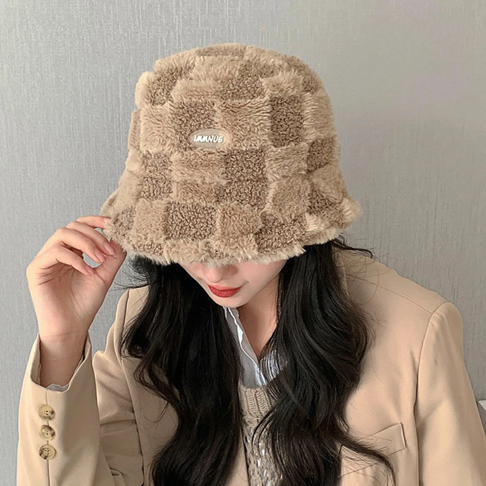 Pluszowy kapelusz rybacki, khaki w kratkę, ciepły kapelusz typu bucket hat, damski kapelusz zimowy, odporny na zimno, pogrubiony kapelusz wędkarski, nadaje się do użytku wewnątrz i na zewnątrz