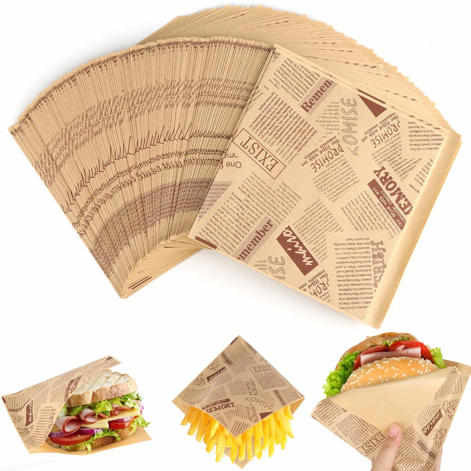200 sztuk arkuszy papieru Deli, 15 x 15 cm, papier typu burgery, torebki do kebaba, kanapek, papier do zawijania kanapek, burgerów, frytek