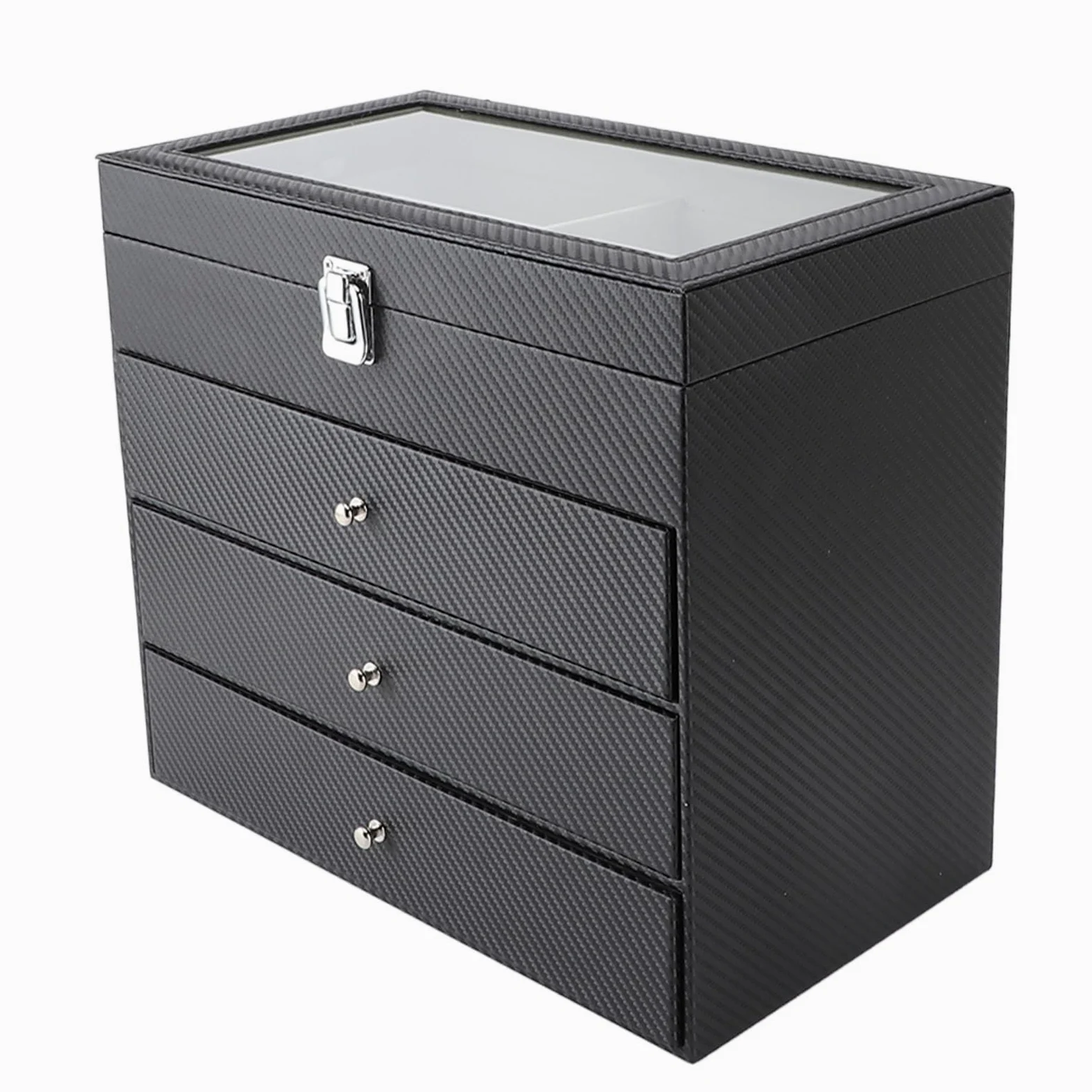 Etui na Okulary, 4 Poziomy, 27 Przegródek Organizer na Okulary Przeciwsłoneczne, Szare Aksamitne Pudełko z Włókna Węglowego PU do Przechowywania Zegarków z wkładką, Idealne do Domu i Sklepu