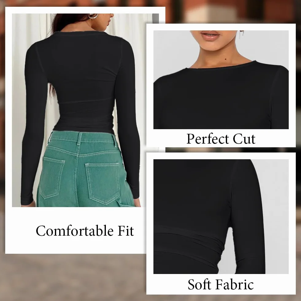 flintronic Koszulka z długim rękawem Slim Fit damska z długim rękawem Crop Top Y2K Slim, jednokolorowa koszulka basic crop tops, krój na co dzień, okrągły dekolt