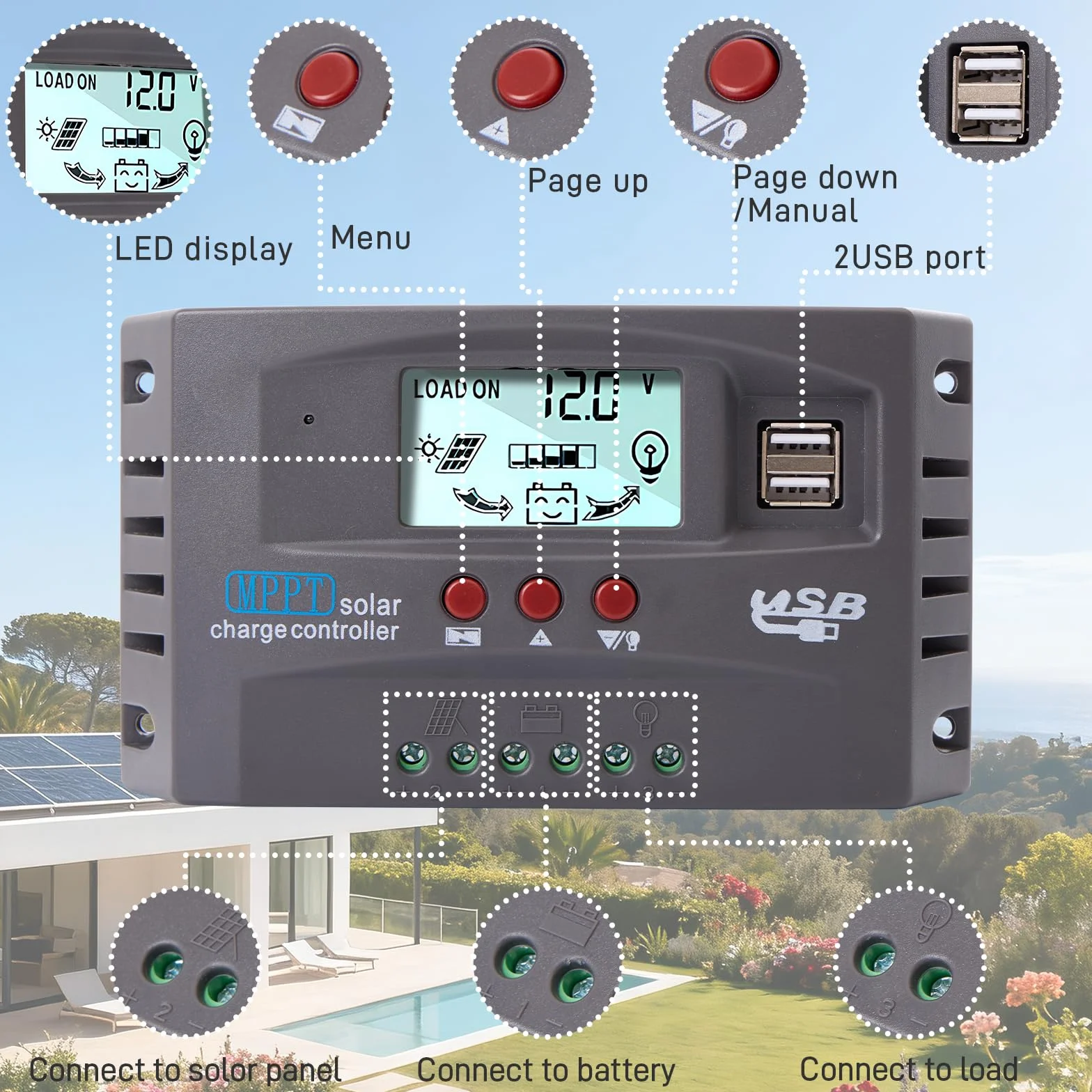 Yoving MPPT 100 A regulator ładowania słonecznego wodoodporny do systemów solarnych 12 V/24 V, wyświetlacz LCD (panel słoneczny, bateria, samochód kempingowy), ciemnoszary