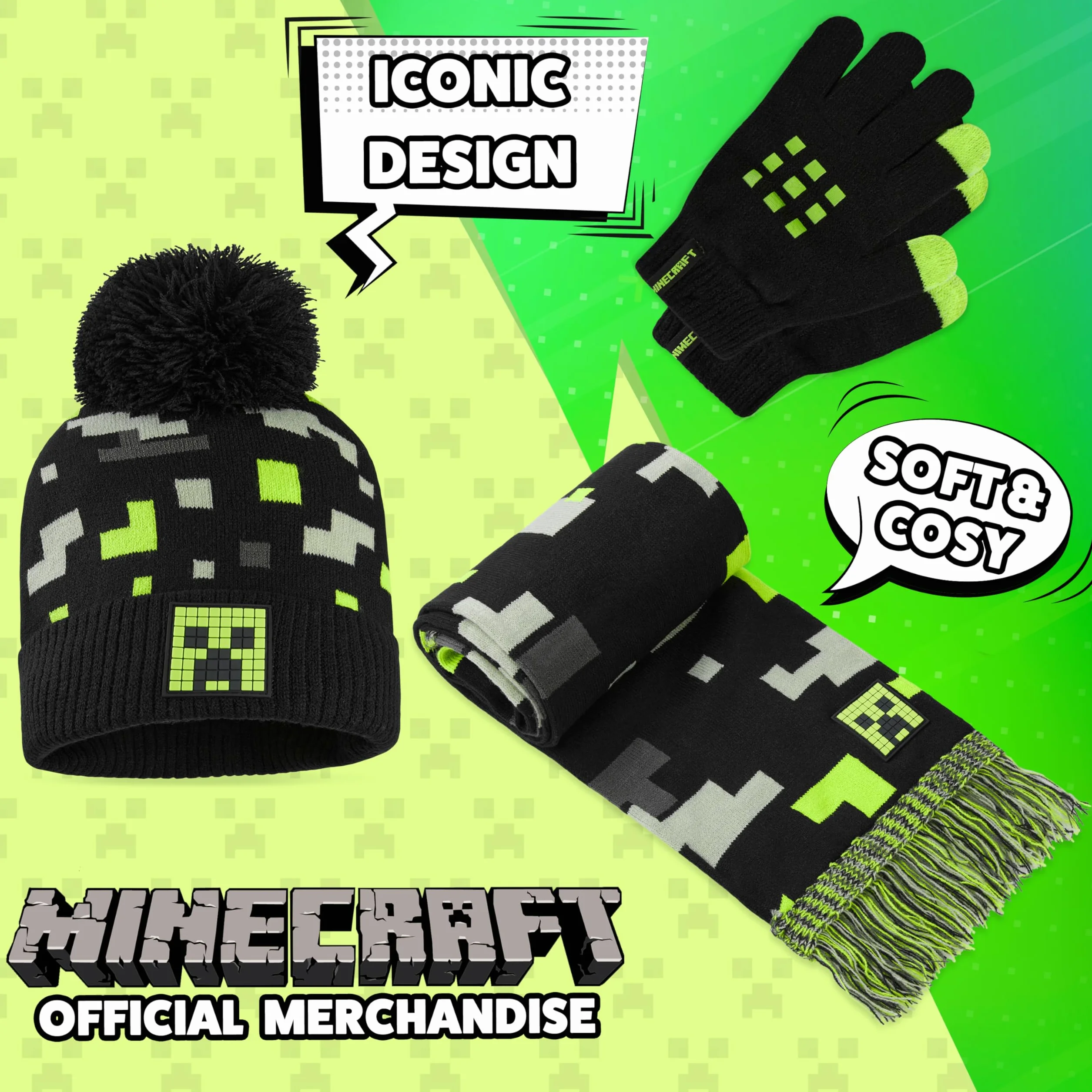 Minecraft Chłopcy Zestrynowy zestaw dzianin Junior Czarny/zielony/szary