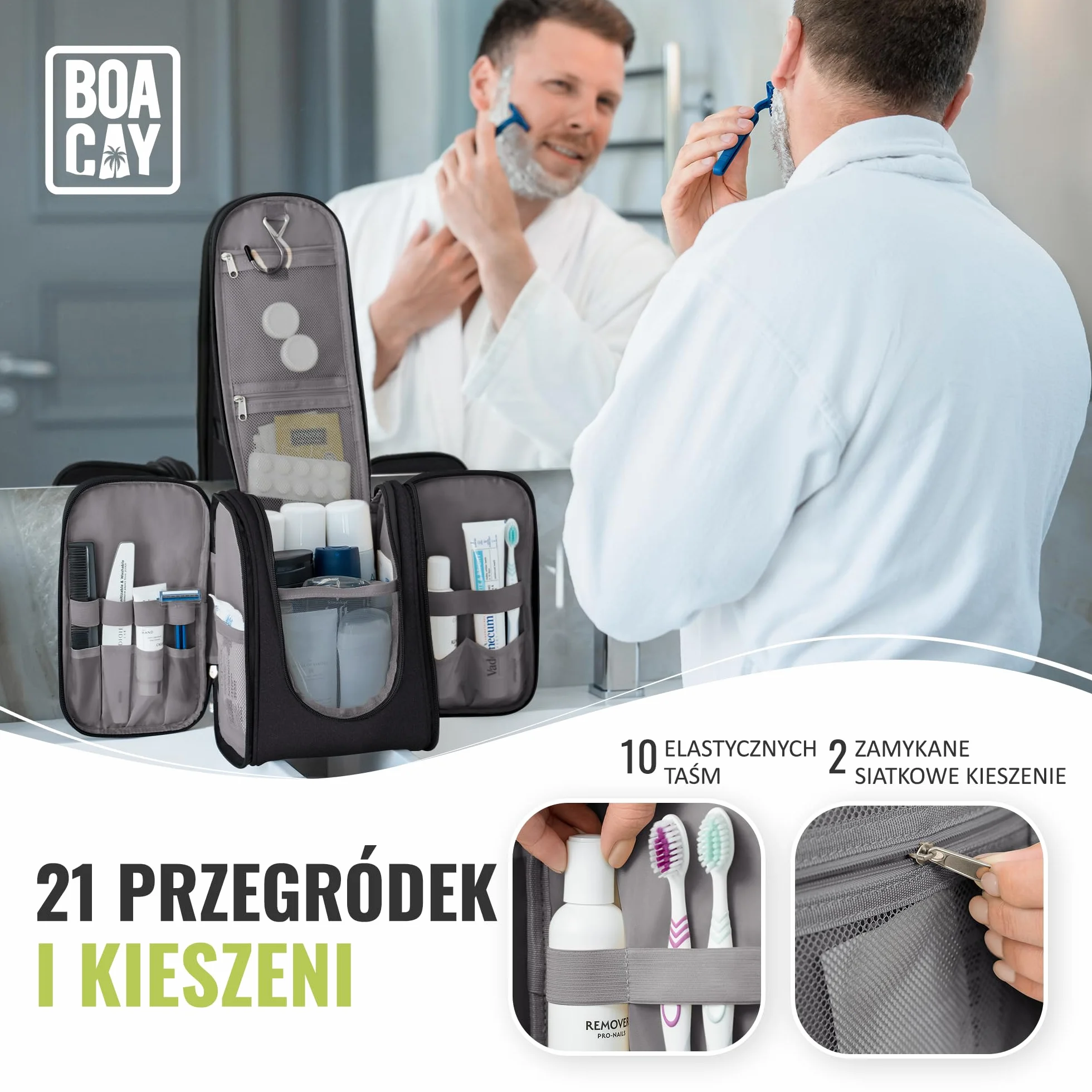 BOACAY Wisząca Kosmetyczka Podróżna dla Kobiet i Mężczyzn, Organizer na Kosmetyki, Niezbędniki, Akcesoria Podróżne