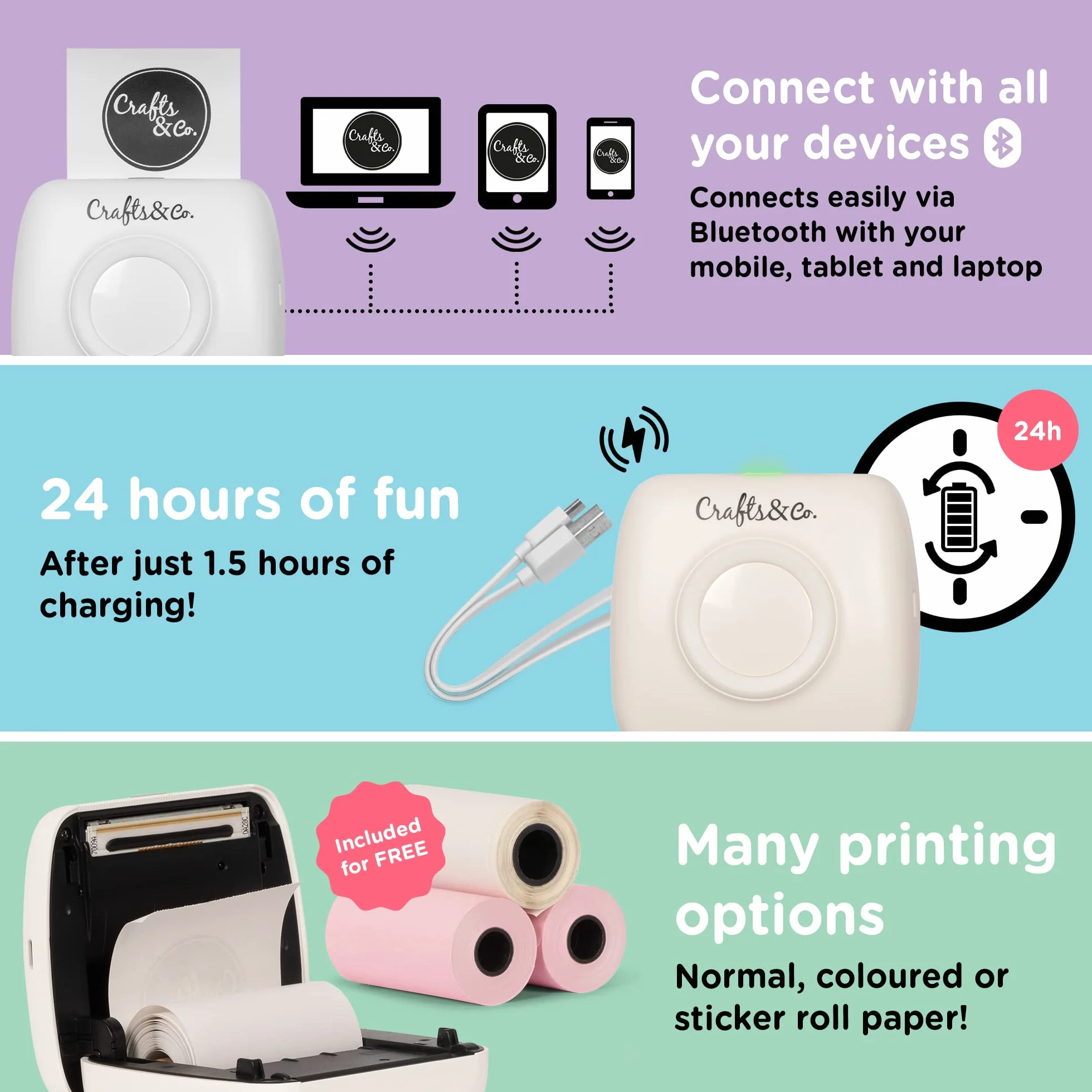Crafts&Co Przenośna mini drukarka termiczna do smartfonów | Natychmiastowa mini drukarka Bluetooth, drukowanie naklejek, zdjęć, etykiet, zawiera 3 rolki papieru + aplikacja