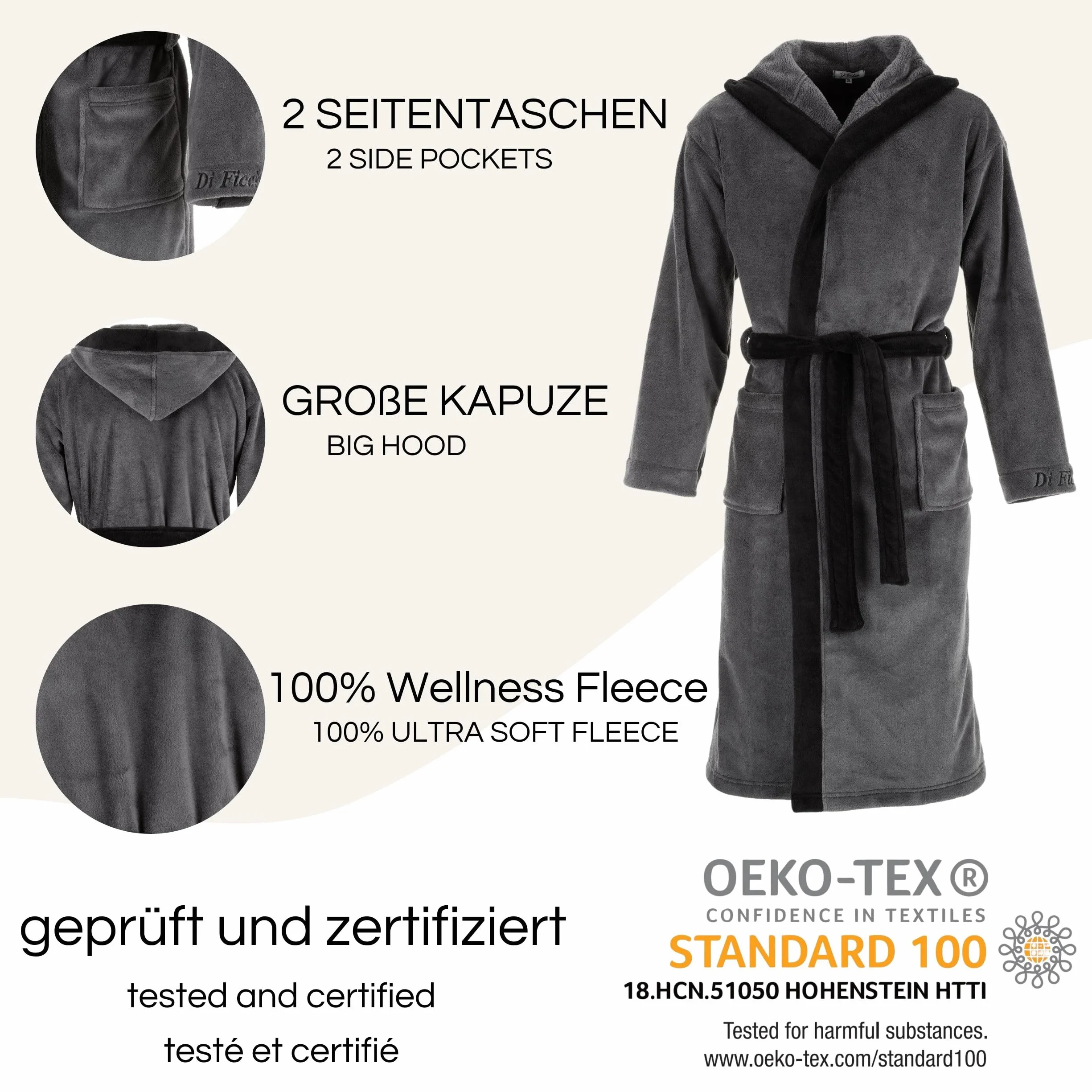 Di Ficchiano Męski szlafrok kąpielowy Monza z kapturem I szlafrok poranny puszysty I bielizna nocna ze szlachetnej mikrofibry I kimono w różnych kolorach i rozmiarach S - 5XL I szlafrok kąpielowy