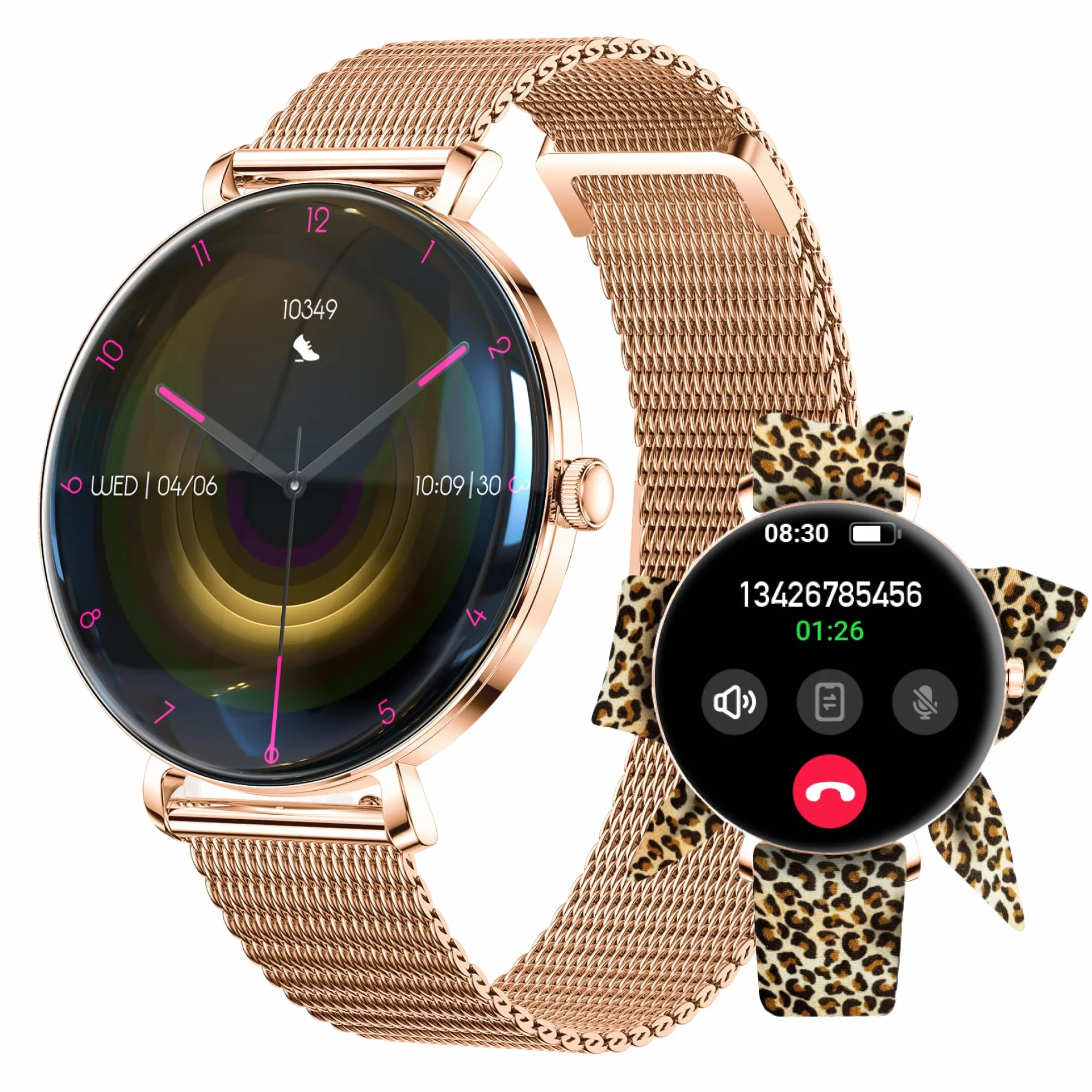 Forever Smartwatch Lucca SB-370 - Zegarek Damski z Funkcją Dzwonienia, Wodoodporny, Sportowy, Kobiecy Dodatek, Dwa Paski, Modny Wzór Panterka, Rosegold, Zegarek na Ręke