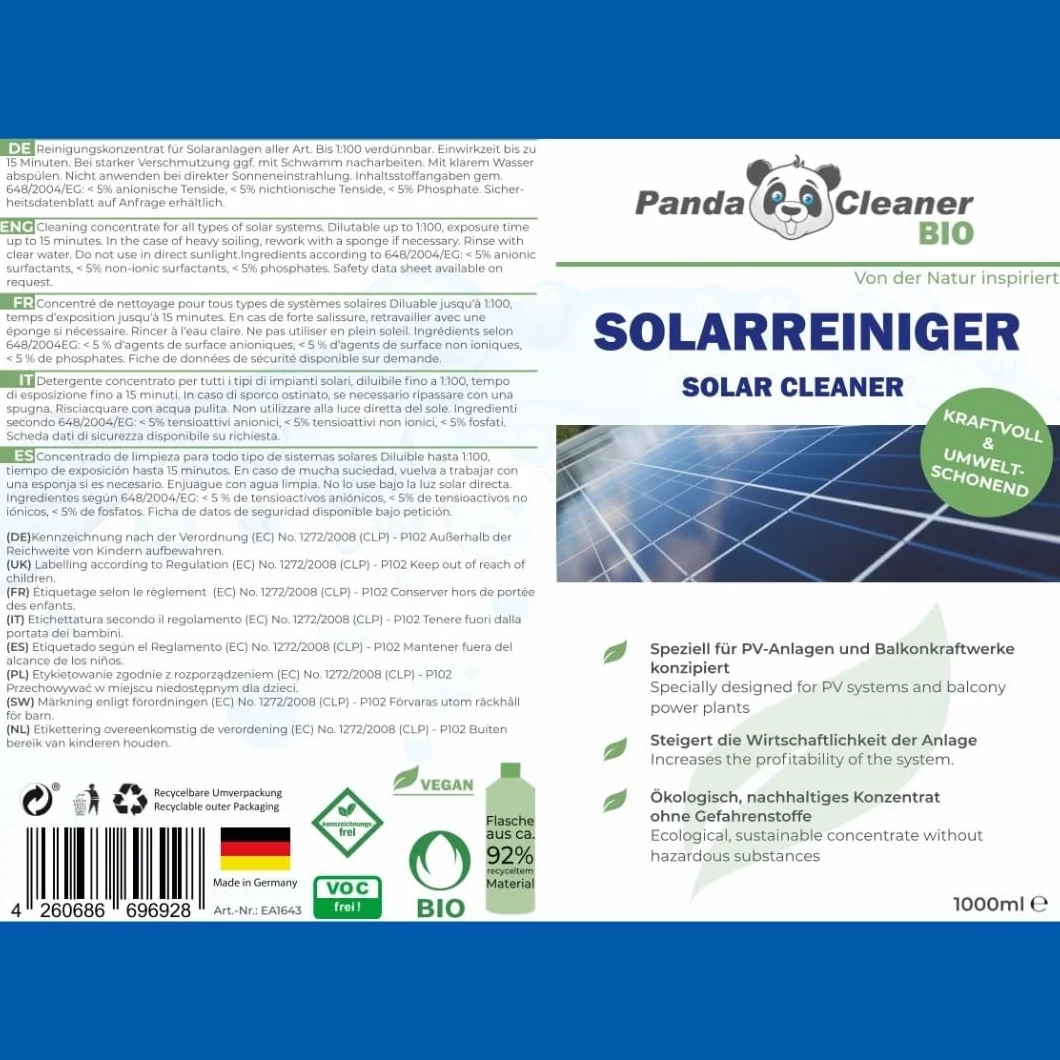 PandaCleaner Bio środek czyszczący – 1 l profesjonalny środek do czyszczenia instalacji solarnych i PV – wysoko skoncentrowany 1:100 do instalacji solarnych, modułu fotowoltaicznego, panelu