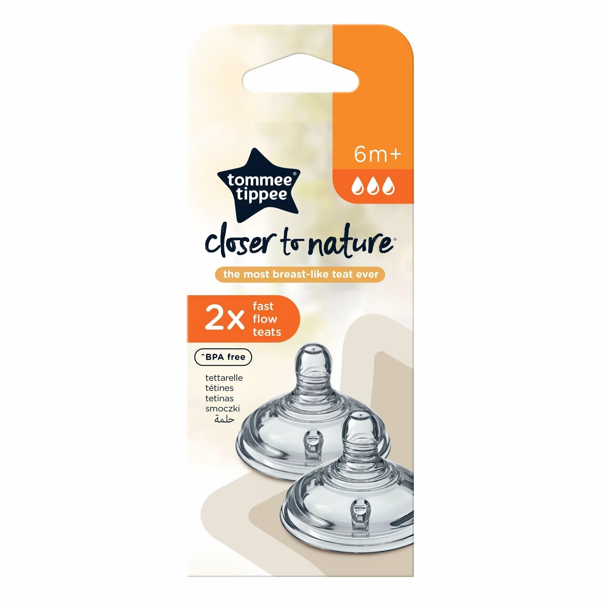 Tommee Tippee Closer to Nature Smoczki do butelki dla niemowląt, podobne do piersi, zawór antykolkowy, miękki silikon, szybki przepływ, od 6 miesięcy, opakowanie 2 szt
