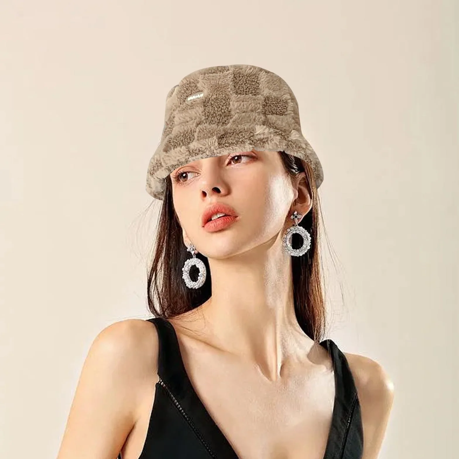Pluszowy kapelusz rybacki, khaki w kratkę, ciepły kapelusz typu bucket hat, damski kapelusz zimowy, odporny na zimno, pogrubiony kapelusz wędkarski, nadaje się do użytku wewnątrz i na zewnątrz