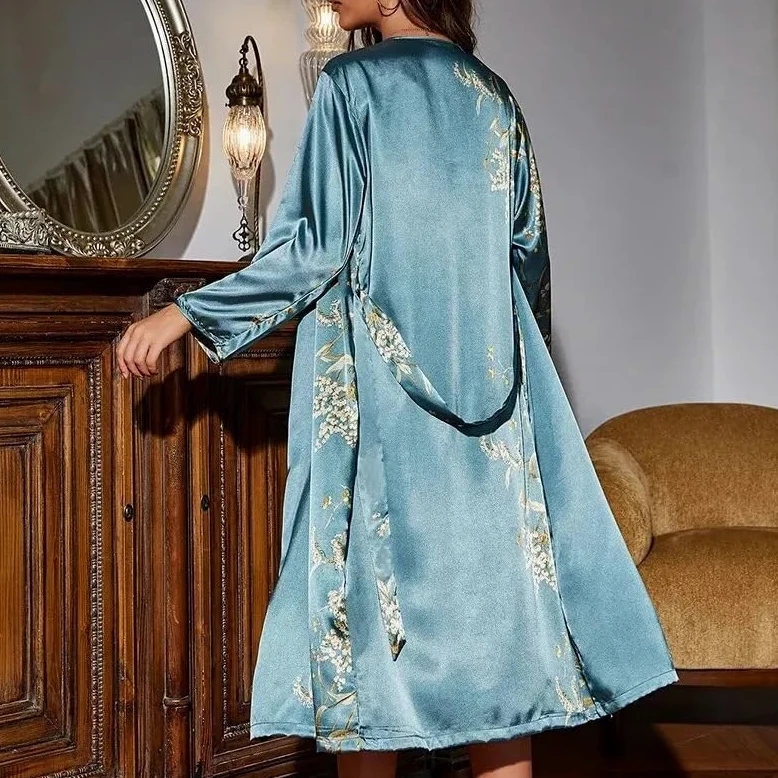 Satynowy szlafrok damski, Damski zestaw szlafroków domowych - piżama wiązana, dwuczęściowa, szlafrok, czarny zielony, S-XL(Green,M)