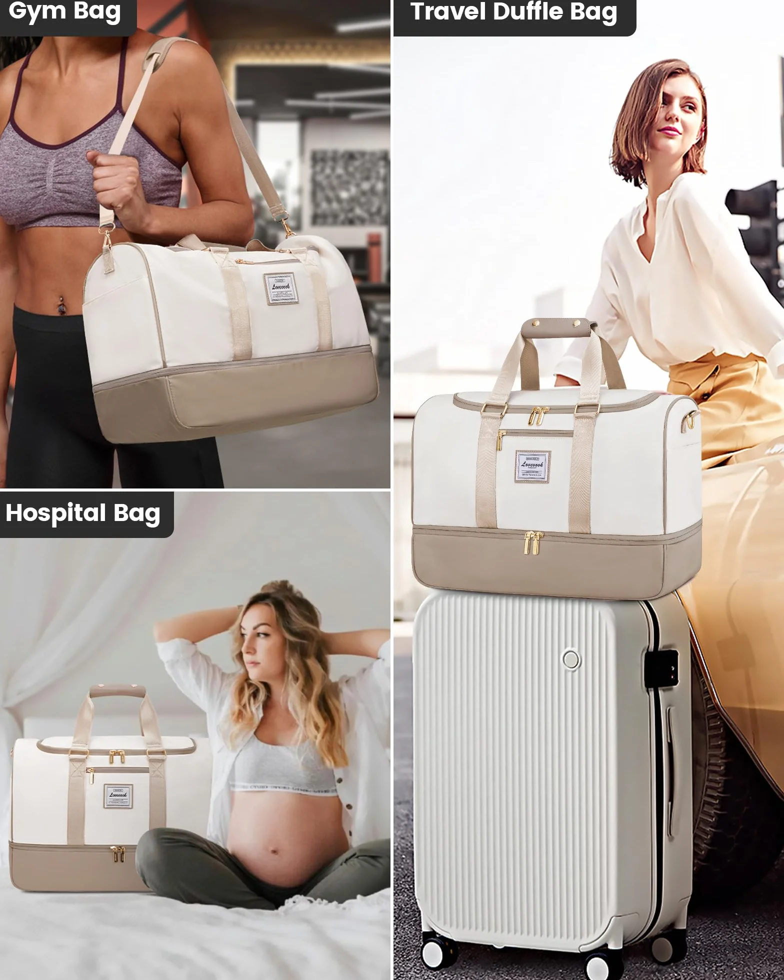 LOVEVOOK torba podróżna damska, torba weekendowa Travel Duffle Carry On Bag z kosmetyczką, kieszenią na buty i przegródką na mokre rzeczy, wodoszczelna torba sportowa Gym Yoga Bag, torba podręczna na