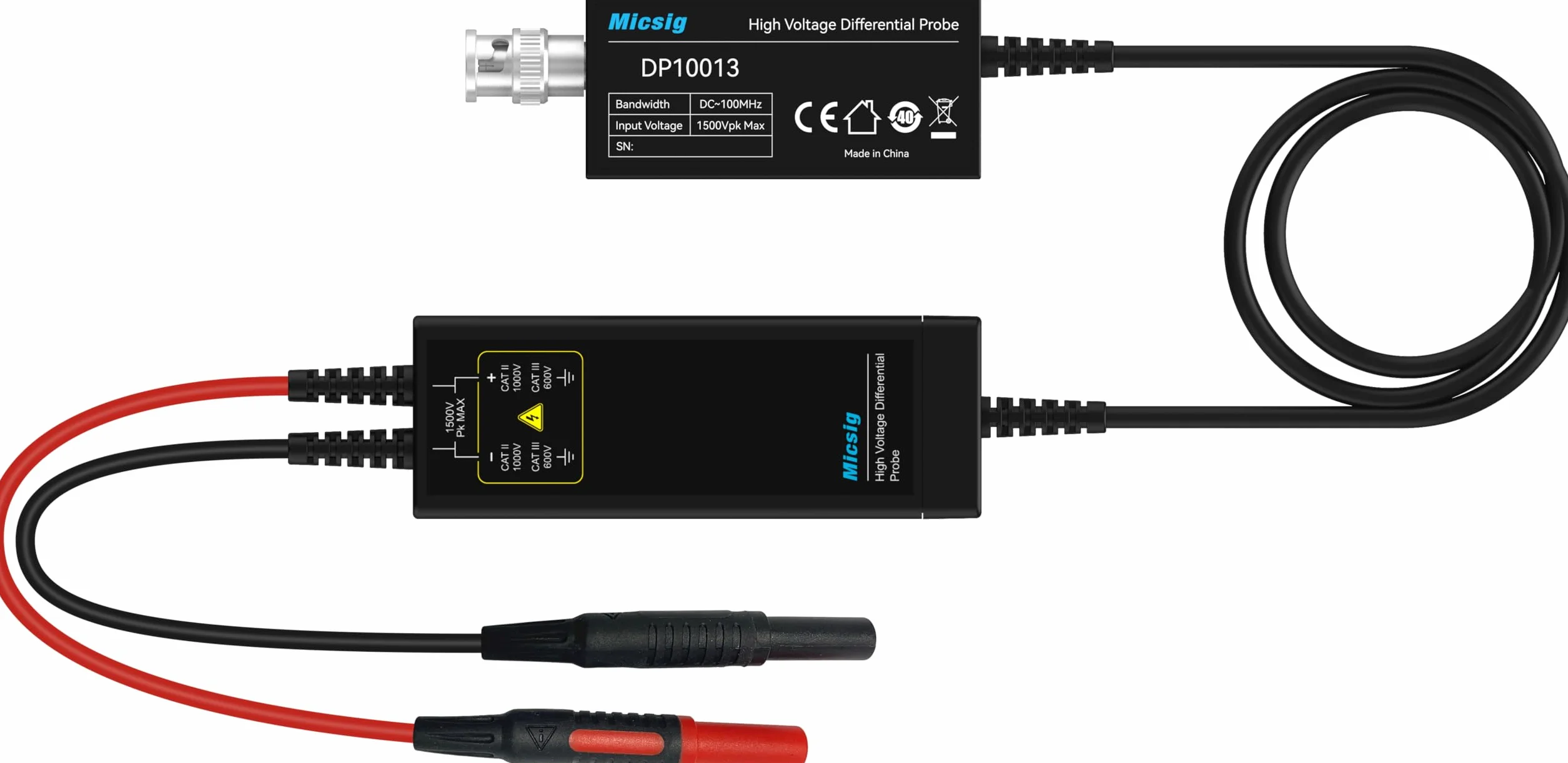 Micsig DP10013 Sonda różnicowa wysokiego napięcia 1300 V 100 MHz 3,5 ns czas narastania 50X/500X tłumienie, Tektronix P5200A P5205A P5210A, biały