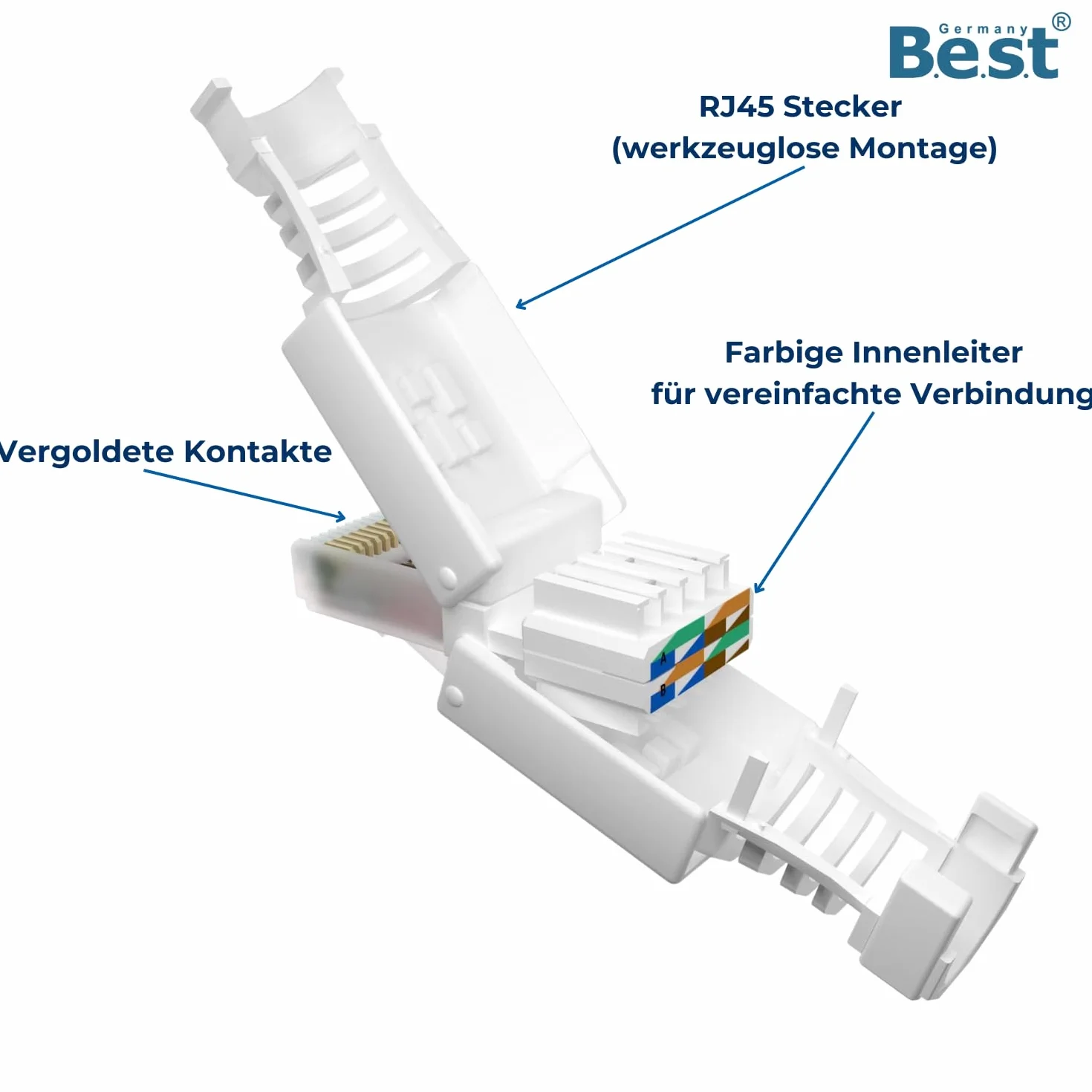 Germany B.e.s.t 10 x wtyczka sieciowa RJ45 CAT6 bez użycia narzędzi - beznarzędziowa wtyczka LAN UTP do CAT5, CAT6, CAT7 - nadaje się do kabli instalacyjnych i krosowych