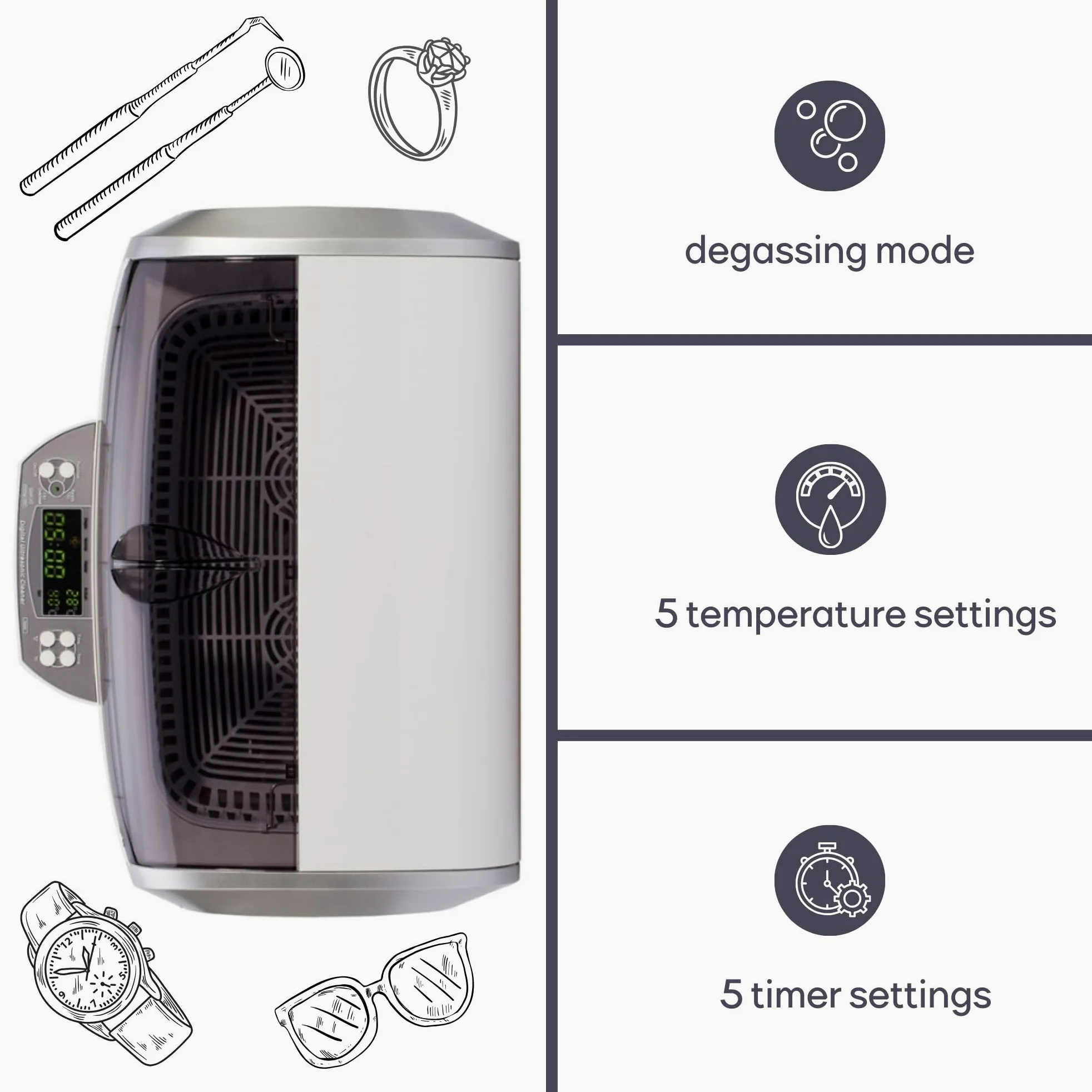 Perel Myjka ultradźwiękowa 6 L, ultrasonic cleaner 35 kHz, do biżuterii okularów zegarków protez monet kluczy, stal nierdzewna, timer cyfrowy i regulacja temperatury, zawór spustowy, biała