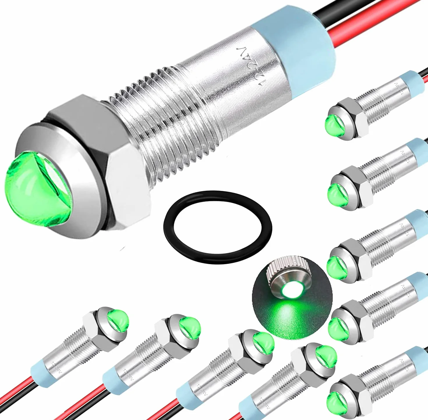 RUNCCI-YUN 10 szt. 12-24 v 6 mm 1/4" DC metalowy wskaźnik LED, zielony panel wskaźnika LED, oświetlenie 12 V, do vana, łodzi i innych pojazdów uniwersalnych