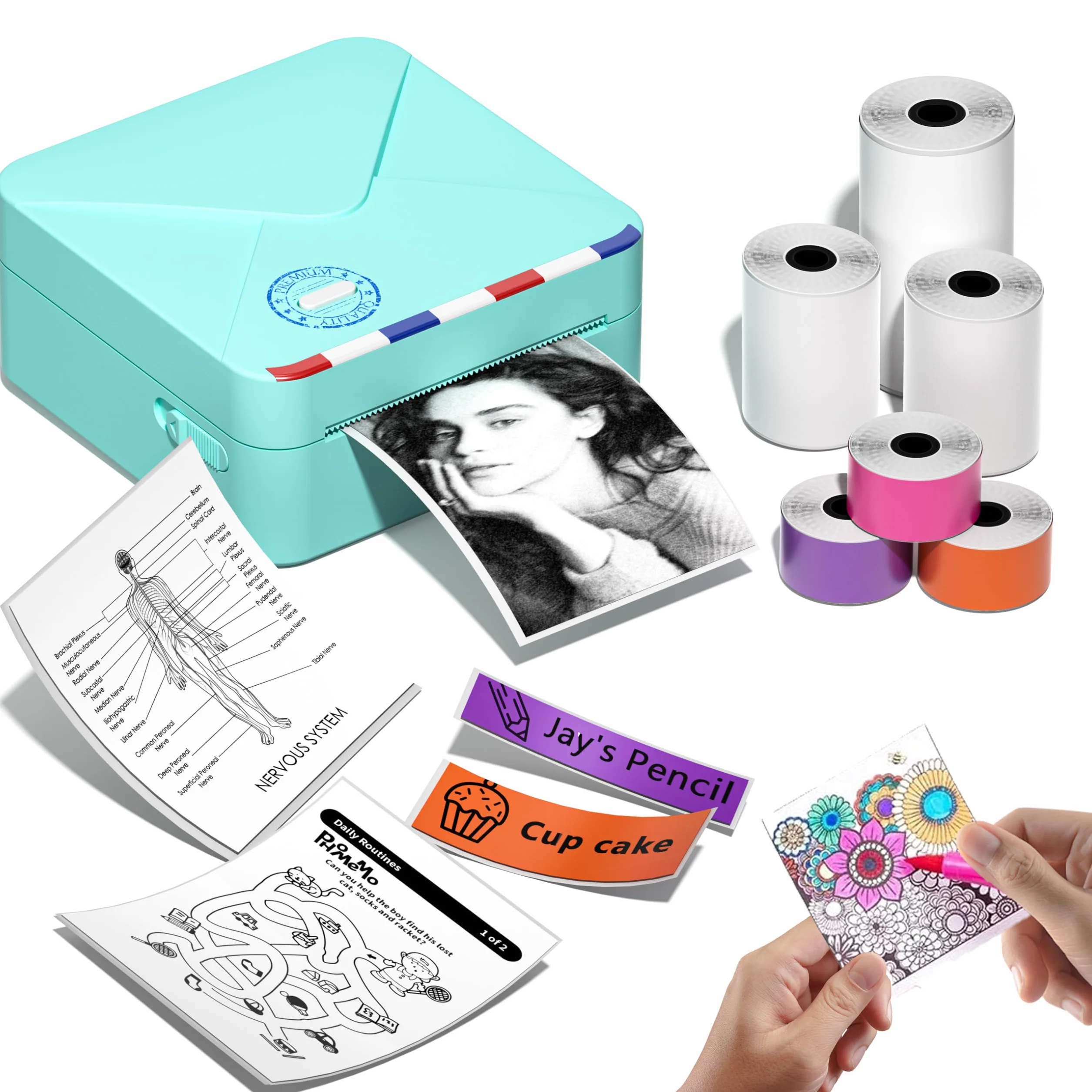 Phomemo M02S Mini drukarka termiczna 300 DPI z 6 rolkami etykiet, kompatybilna z papierem 15, 25, 53 mm, idealna do nauki, scrapbookingu, zdjęć, prezentów (zielona)