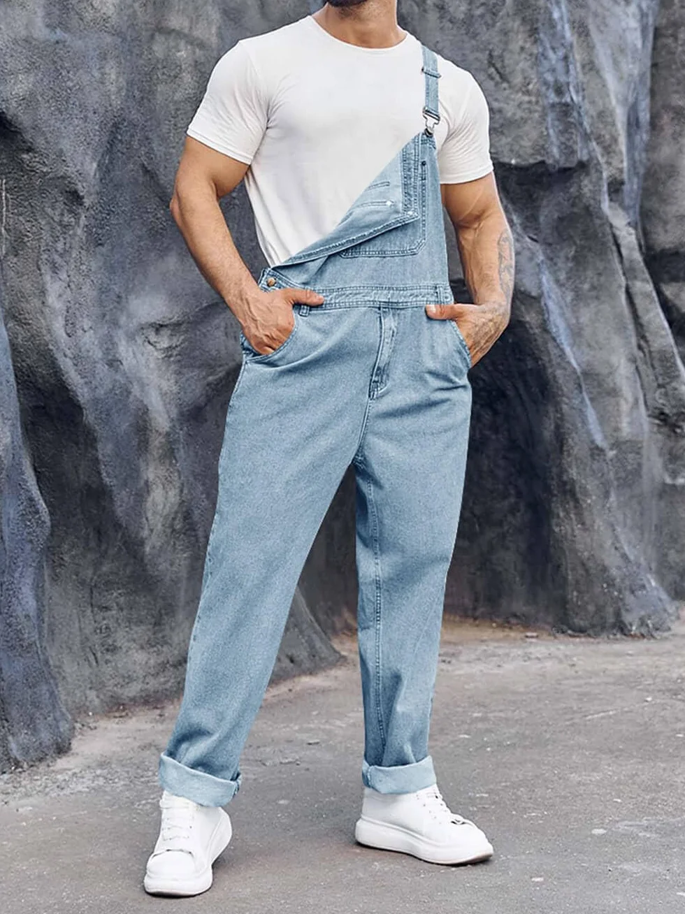 Runcati Męskie spodnie ogrodniczki jeansowe robocze na lato Streetwear regulowane ramiączka kombinezon