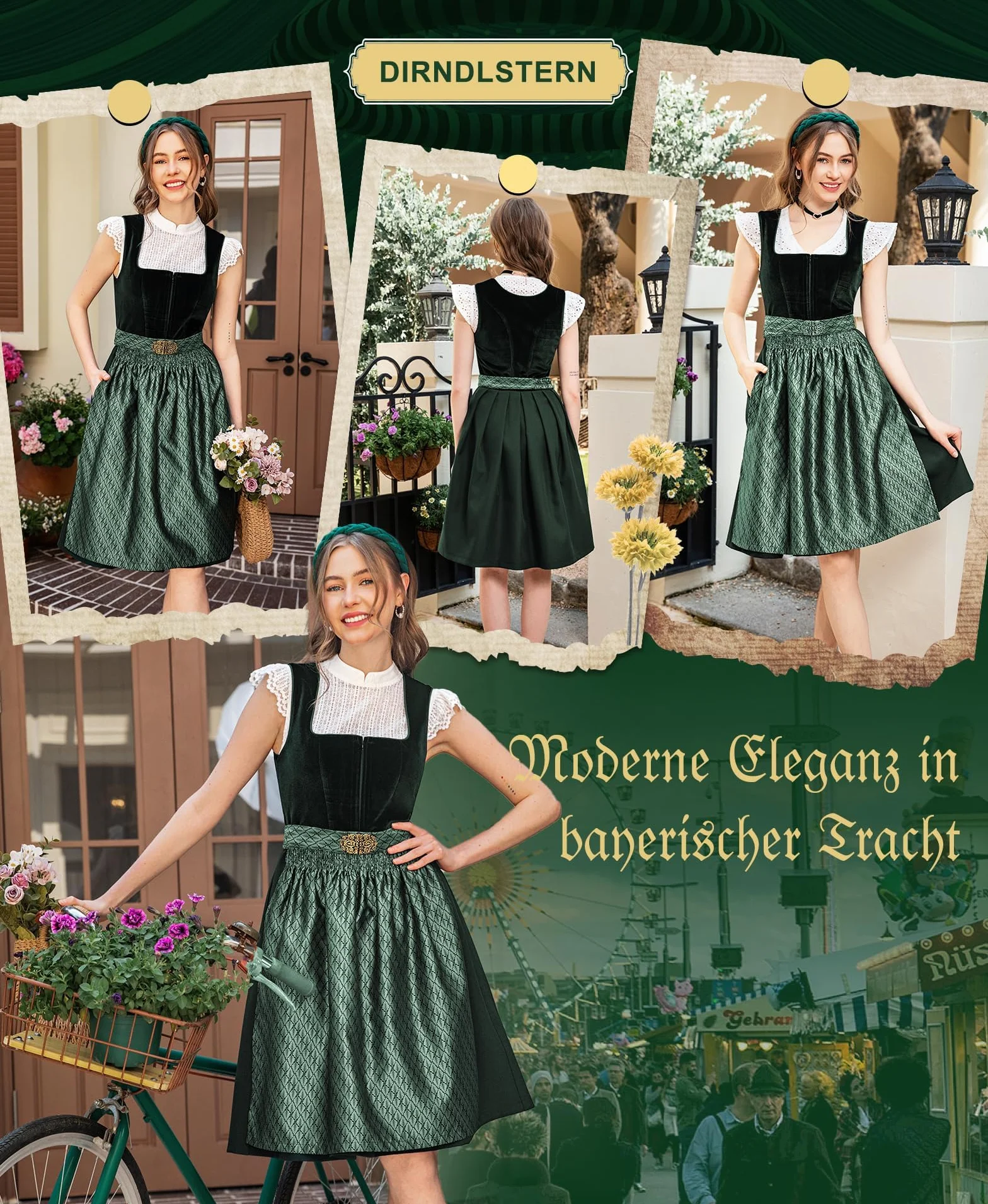 DirndlStern Dirndl damski zielony sukienka ludowa aksamit bawarska midi z fartuchem Oktoberfest