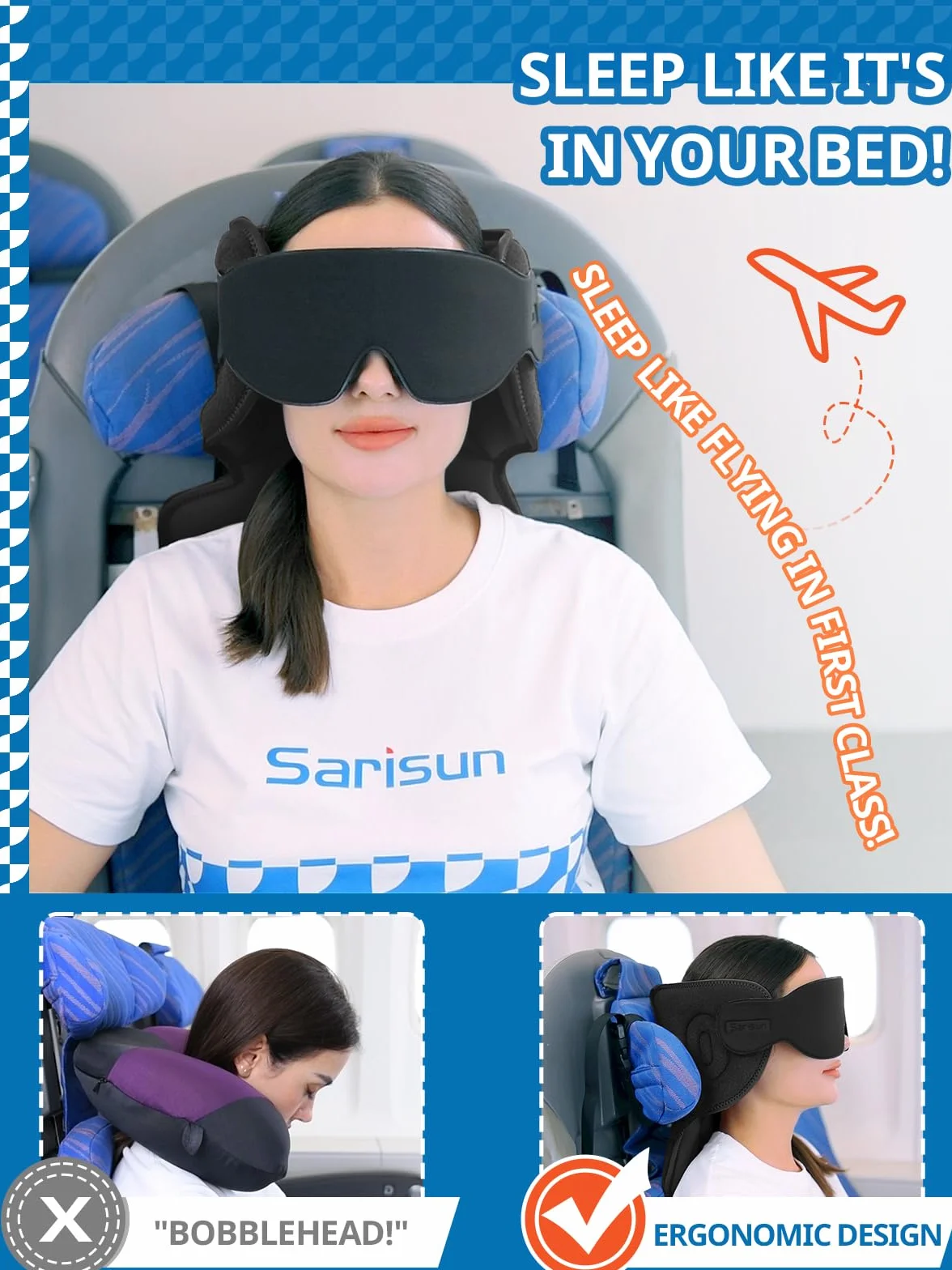 SARISUN Poduszka podróżna samolotowa 360° z maską na oczy, regulowany pasek