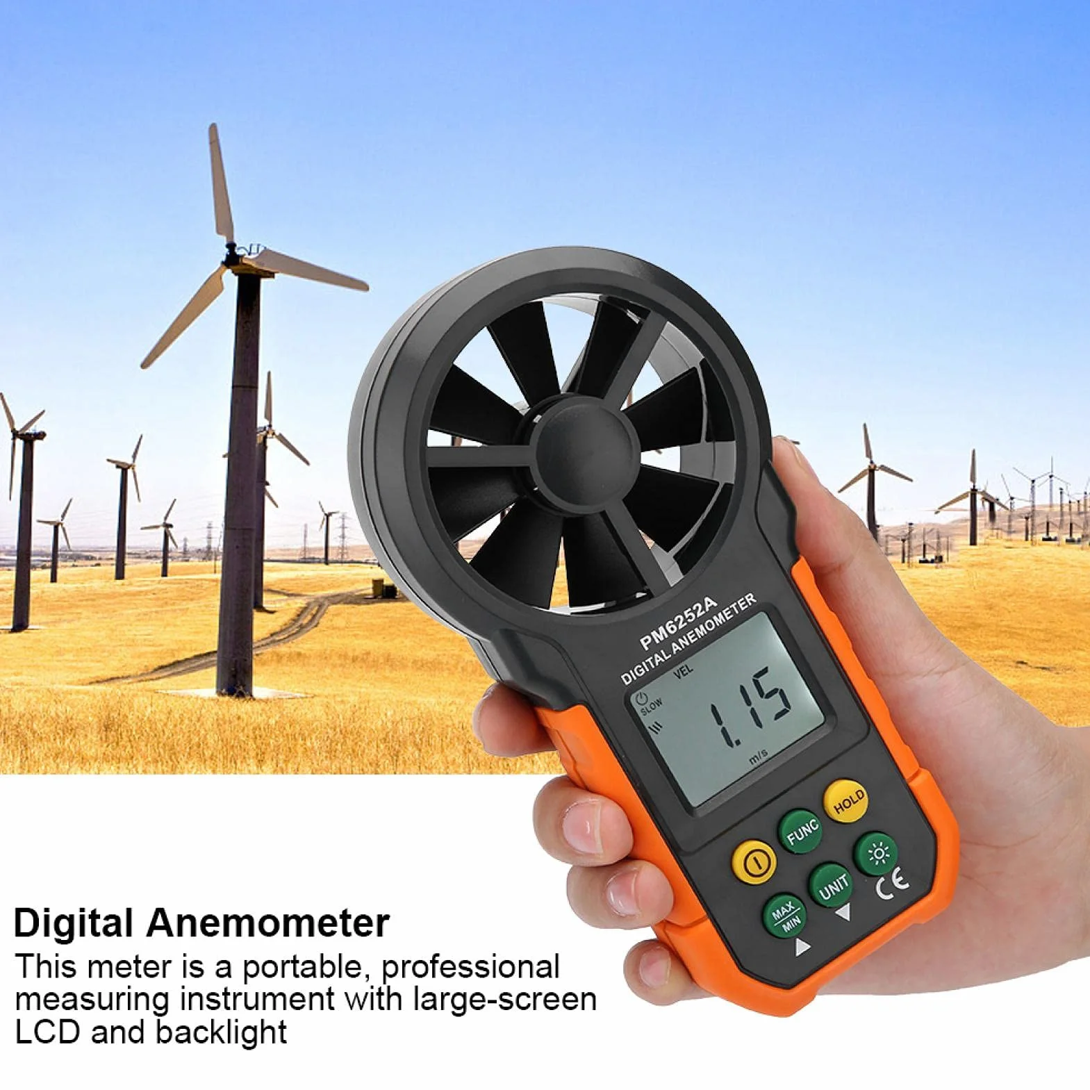 Anemometr cyfrowy, PEAKMETER PM6252A Cyfrowy, pomiar prędkości wiatru, miernik kieszonkowy, mierzony przepływ powietrza z podświetleniem do danych pogodowych
