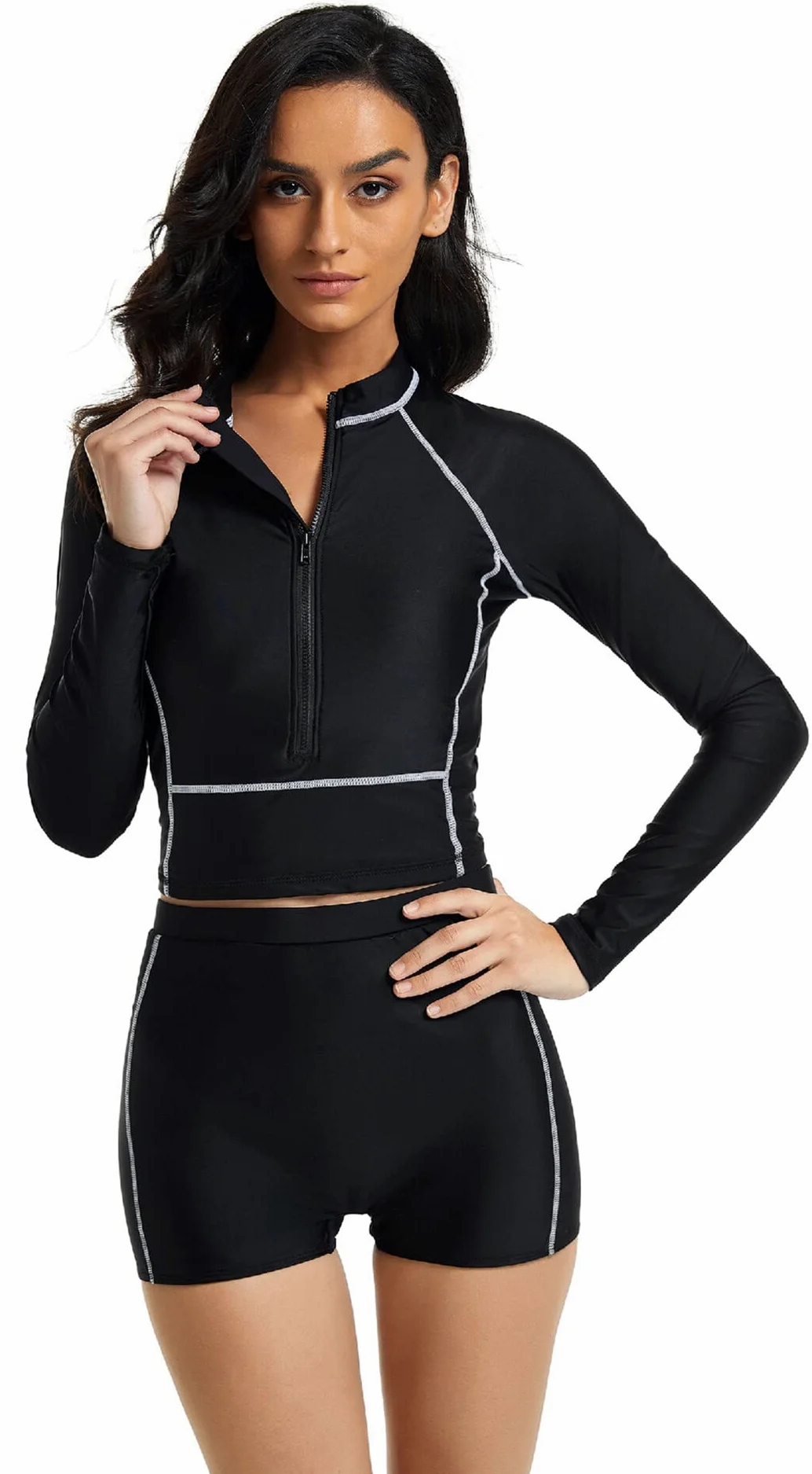 SEAUR Rash Guard damski kostium kąpielowy z długim rękawem, UPF 50+, ochrona przed promieniowaniem UV, dwuczęściowy kostium kąpielowy, slim fit, ochrona przed słońcem, moda kąpielowa, bikini, szorty