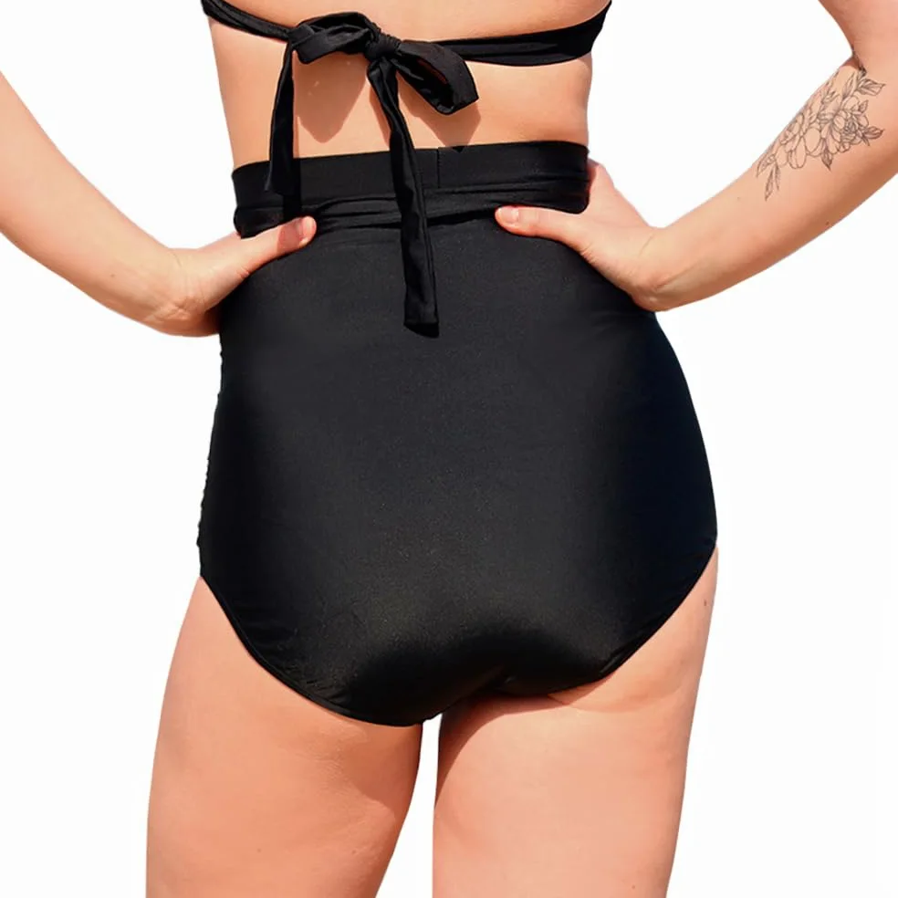 MYLILY Spodnie bikini damskie Shape z falbankami, czarne | Dół od bikini z wysokim stanem | Spodnie bikini wyszczuplające damskie | Bikini z efektem modelującym