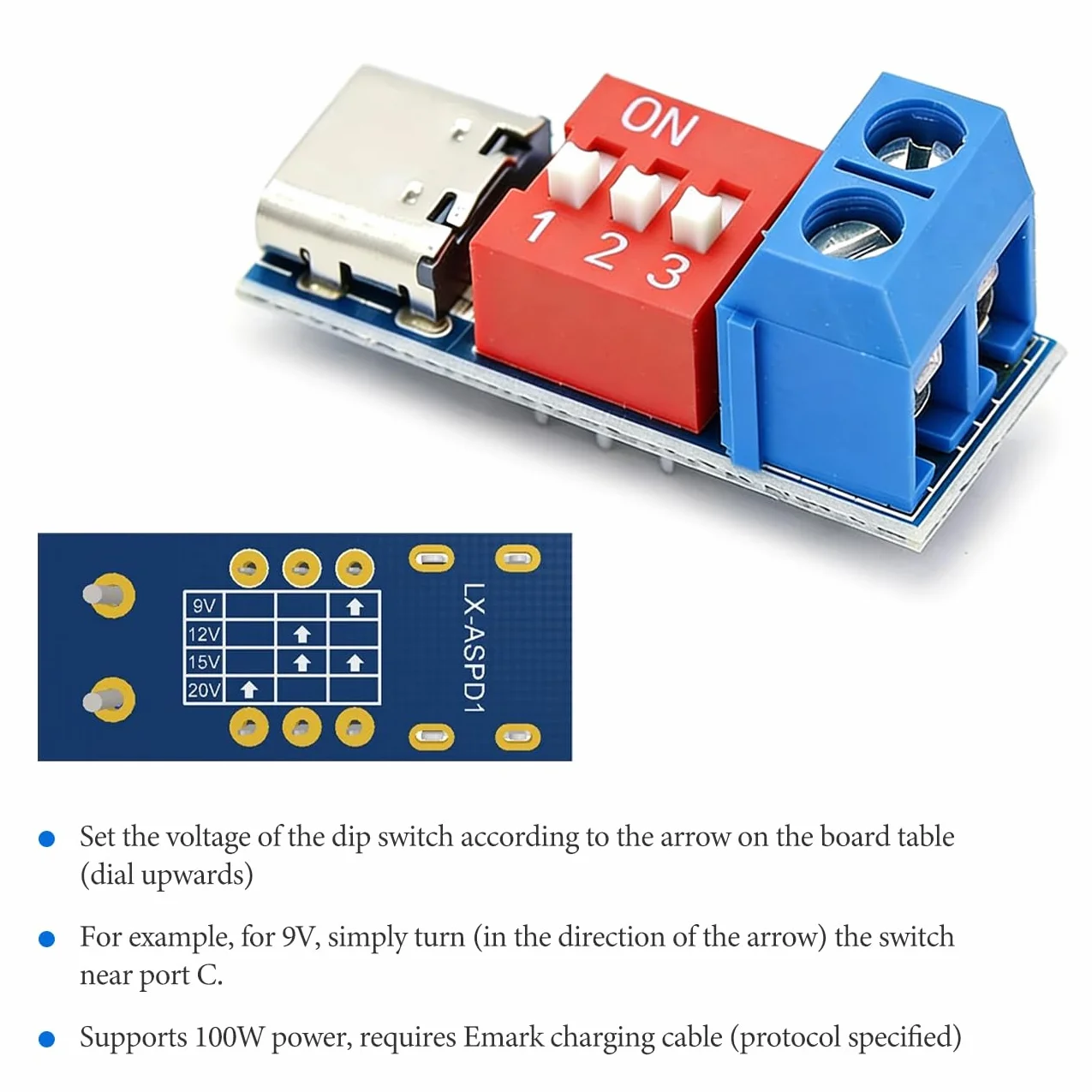 Moduł USB-C PD Trigger Board - zestaw 3 szt. z przełącznikiem DIP, USB C, Breakout Board do 5 V/9 V/12 V/15 V/20 V, PD/QC moduł szybkiego ładowania, kompatybilny z PD 3.0/2.0 i QC 3.0