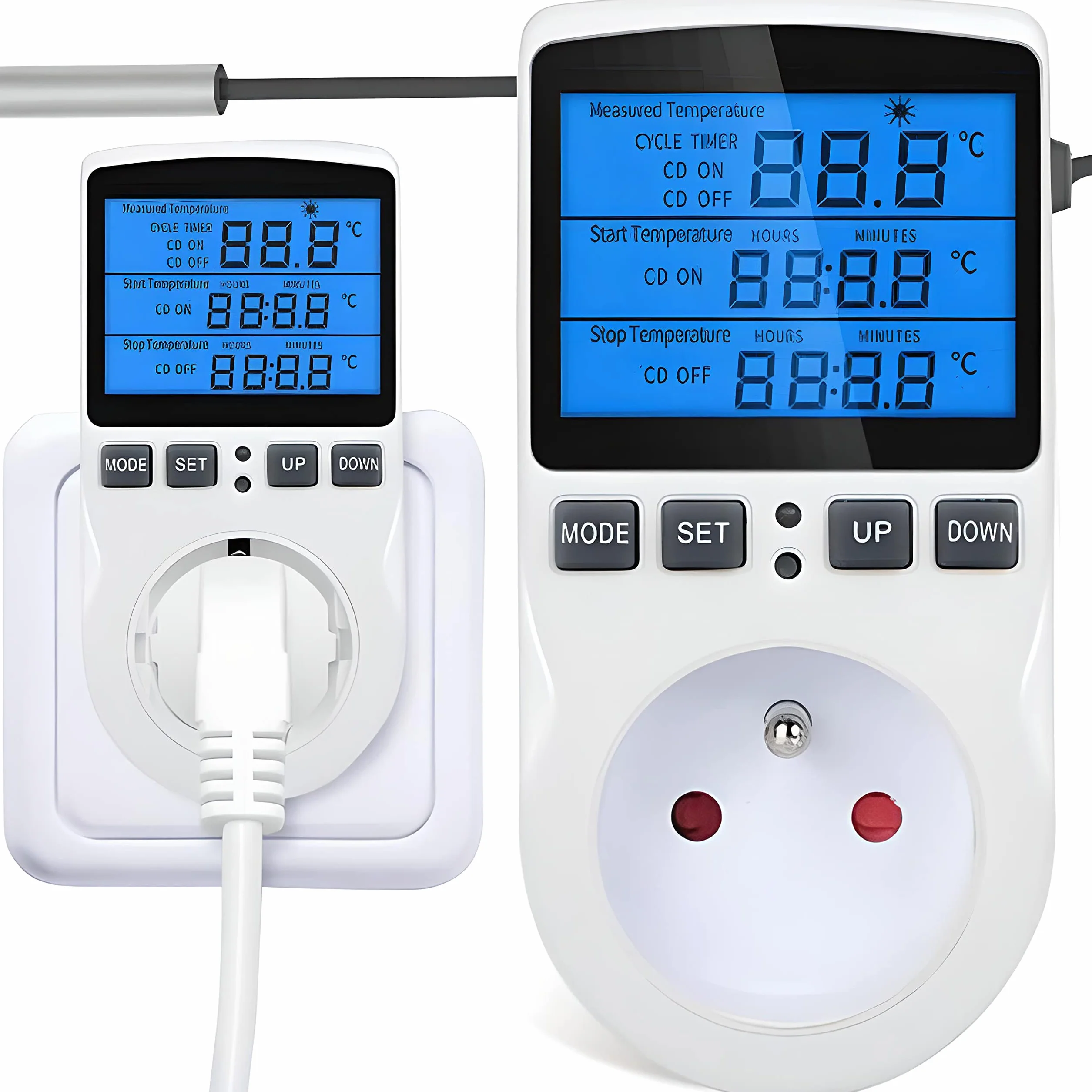 Retoo Termostat do gniazdka z czujnikiem temperatury, cyfrowy regulator temperatury 250 V z czujnikiem, gniazdko elektryczne, ogrzewanie, chłodzenie, przełącznik temperatury z sondą, ekran LCD do