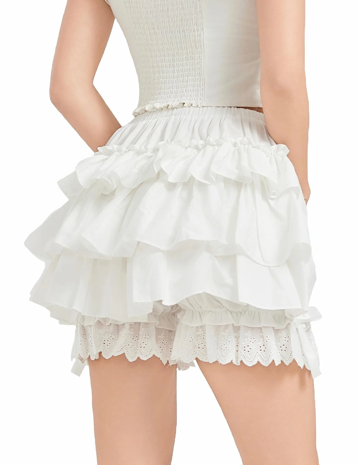 BEAUTELICATE Damskie szorty Bloomer 100% bawełna retro czółenka z falbankami spodnie piżamowe majtki Pumpkin Pantaloons Pettipants falbanki białe