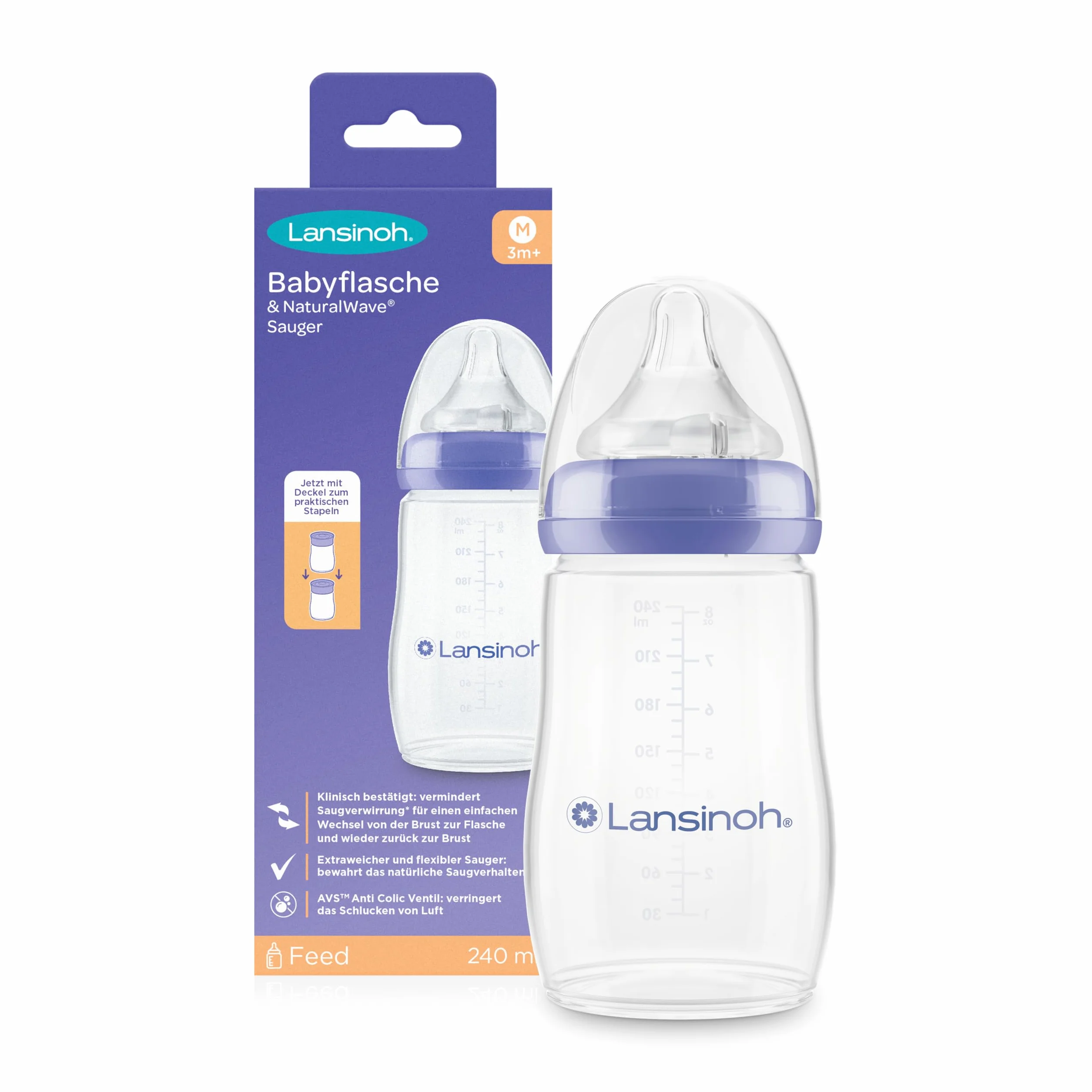 Lansinoh Babyflasche 240 ml & NaturalWave Sauger Gr.M, 1 Sztuka Butelki